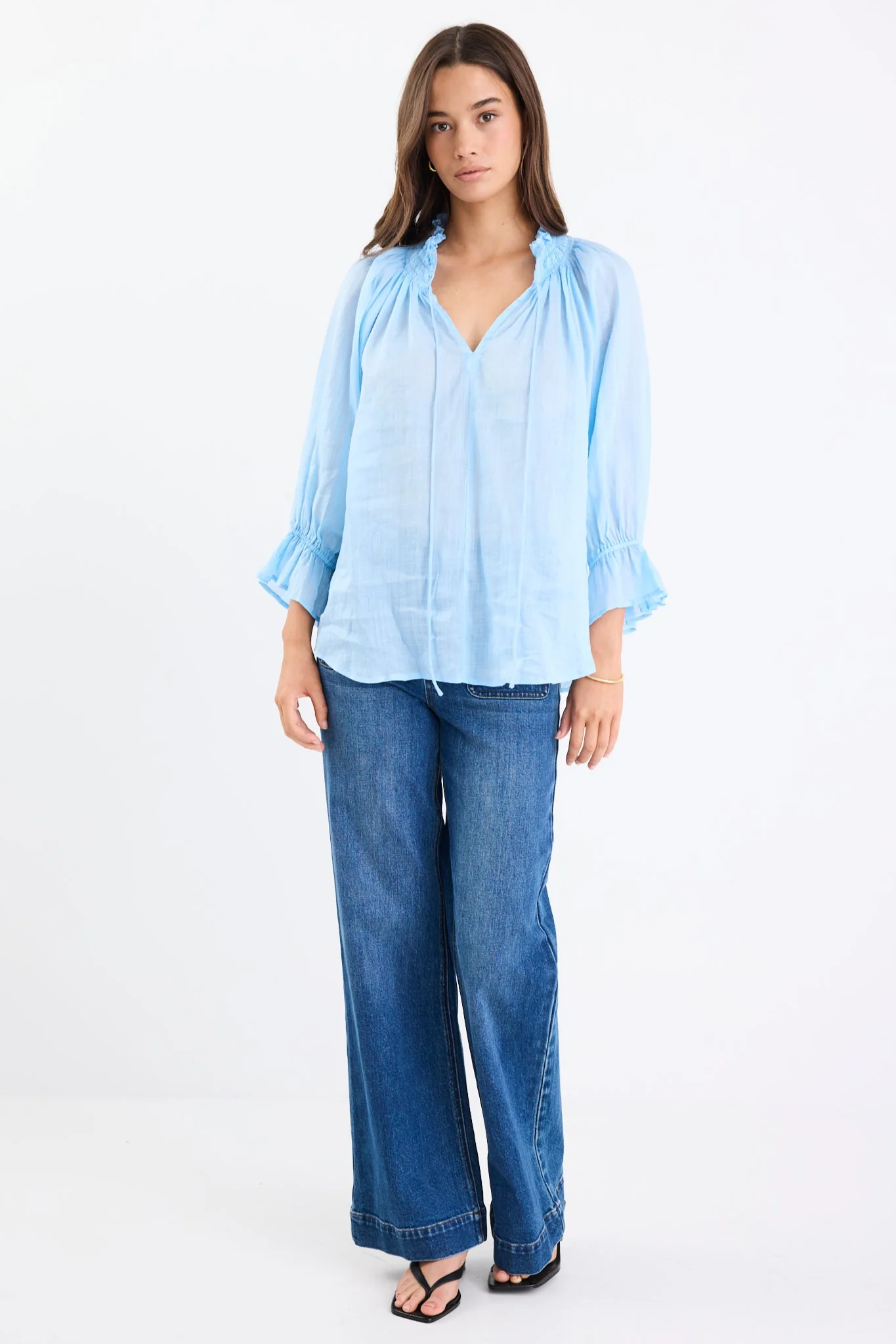 Expedition Ice Blue Ramie Shirred Neck Short Sleeve Top - Image 3