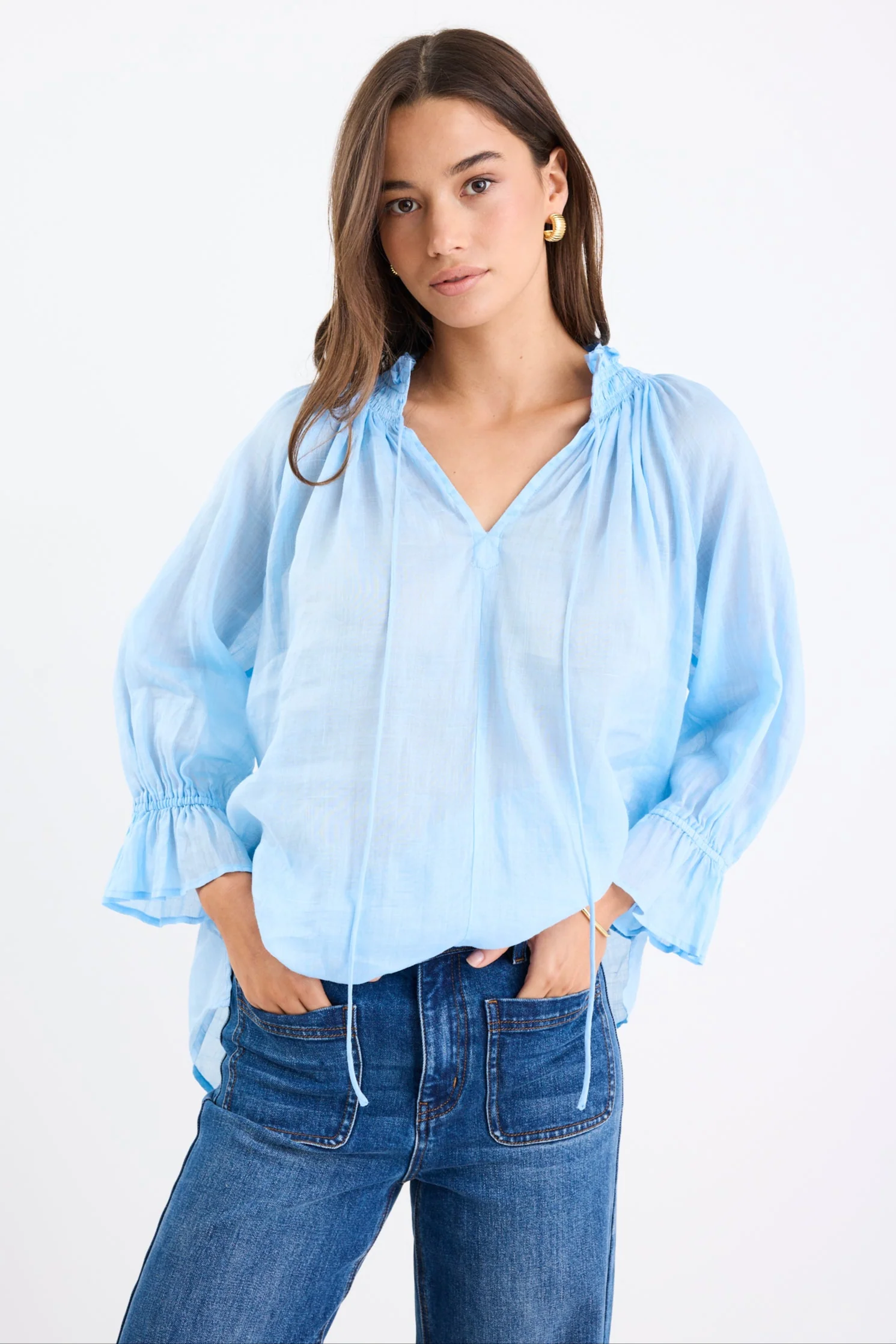 Expedition Ice Blue Ramie Shirred Neck Short Sleeve Top - Image 5