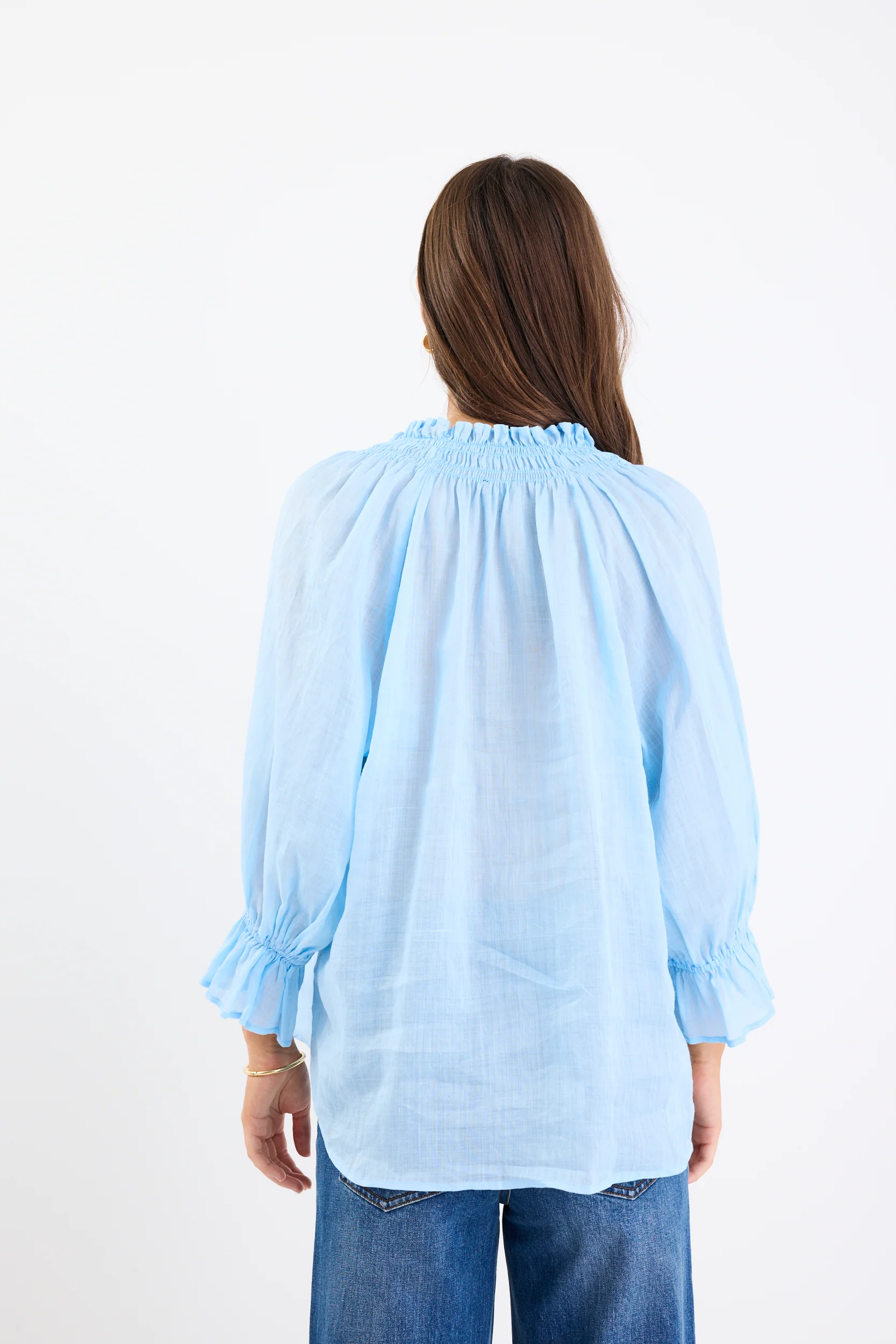 Expedition Ice Blue Ramie Shirred Neck Short Sleeve Top - Image 6