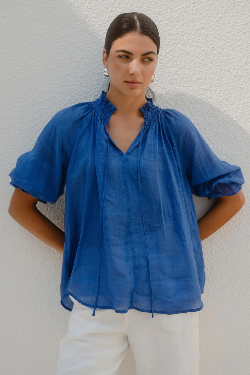Expedition Blue Shirred Neck Short Sleeve Top - Image 3
