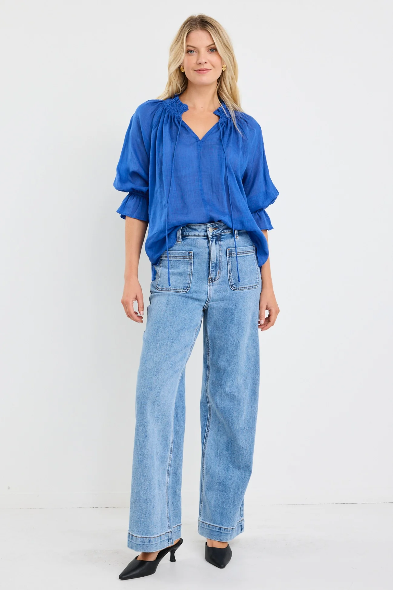 Expedition Blue Shirred Neck Short Sleeve Top - Image 4