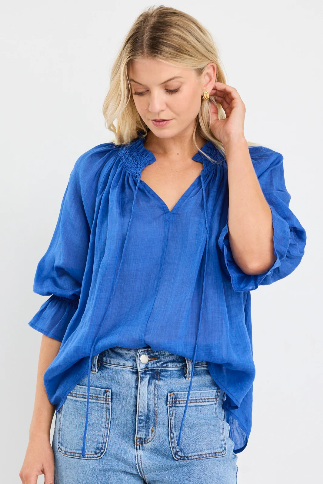 Expedition Blue Shirred Neck Short Sleeve Top - Image 5