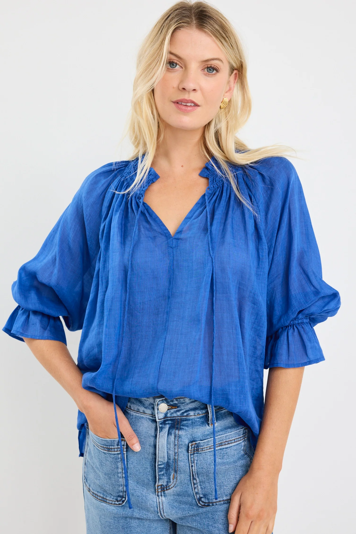 Expedition Blue Shirred Neck Short Sleeve Top - Image 6