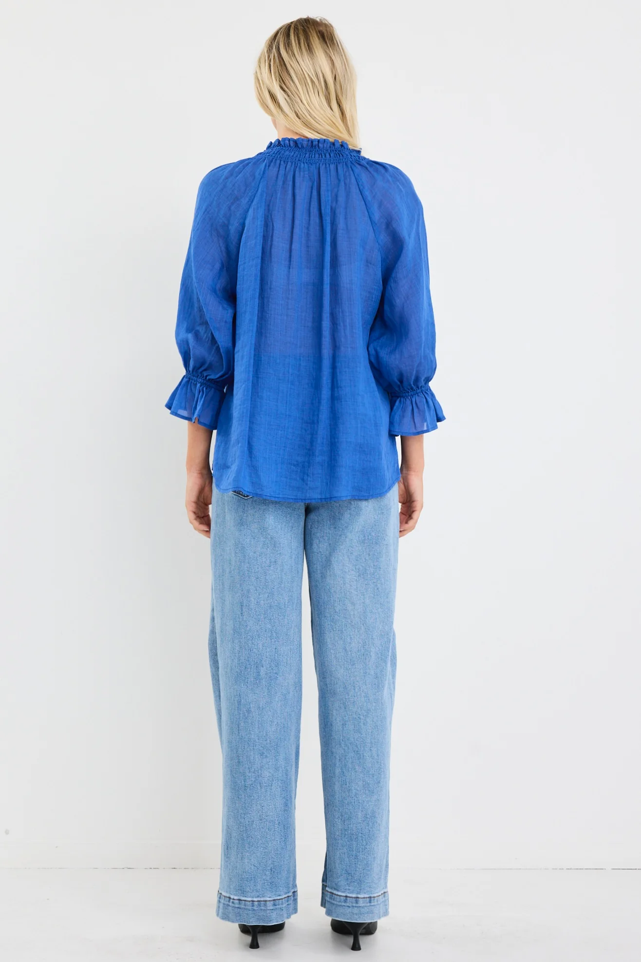 Expedition Blue Shirred Neck Short Sleeve Top - Image 7