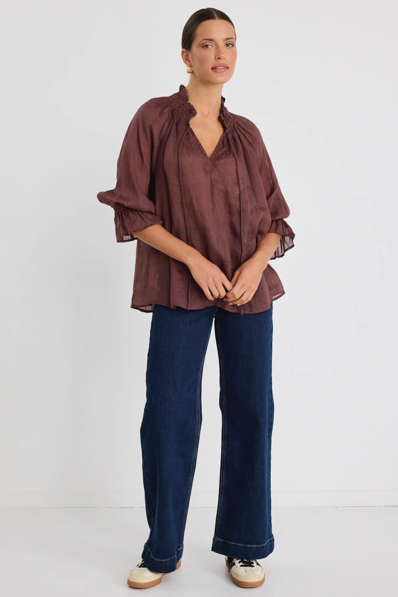 Expedition Chocolate Ramie Shirred Neck Short Sleeve Top - Image 3