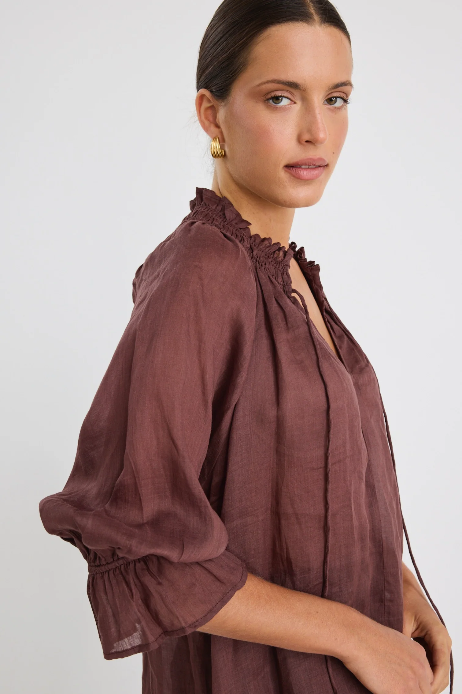 Expedition Chocolate Ramie Shirred Neck Short Sleeve Top - Image 5