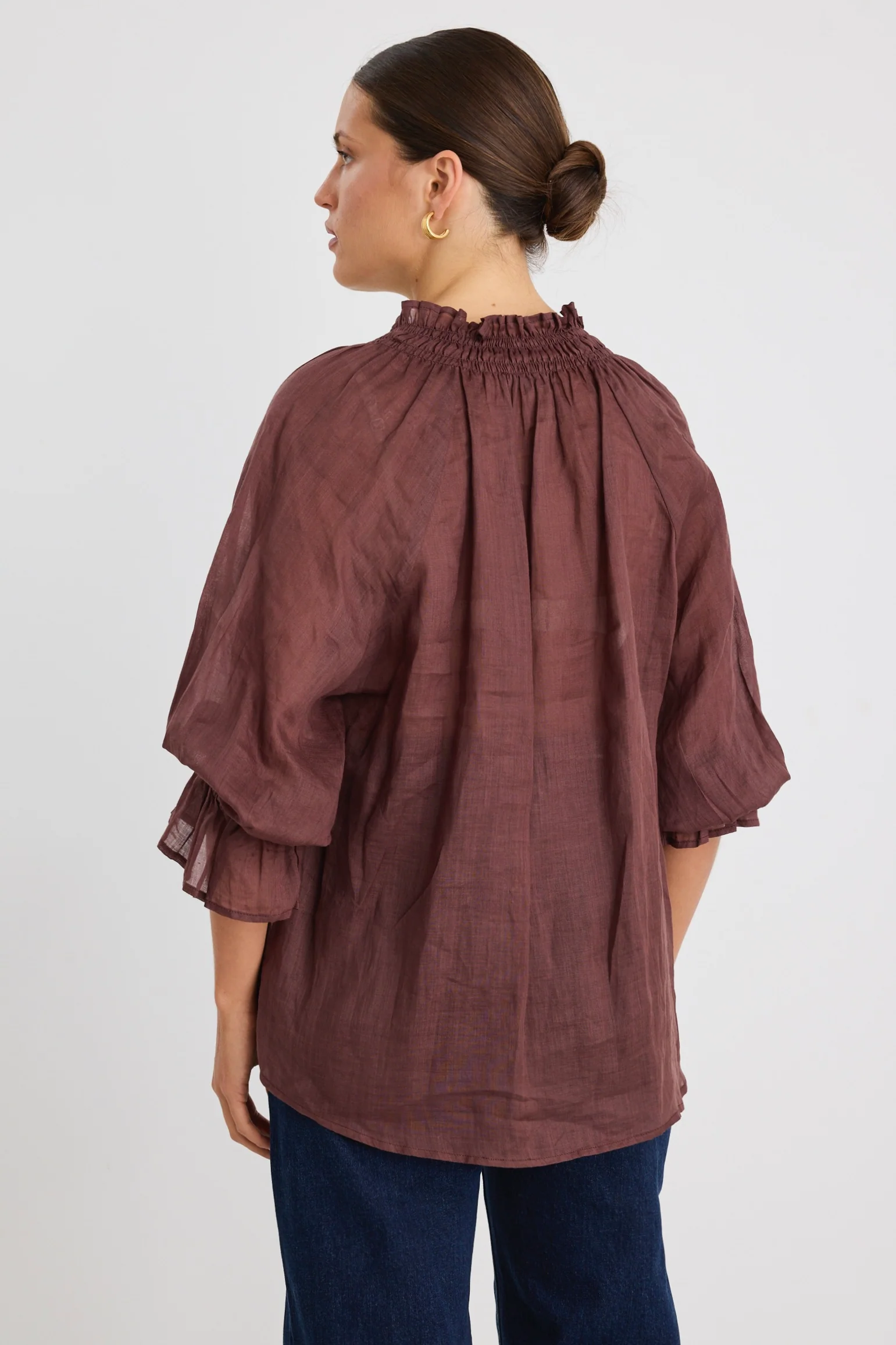 Expedition Chocolate Ramie Shirred Neck Short Sleeve Top - Image 6