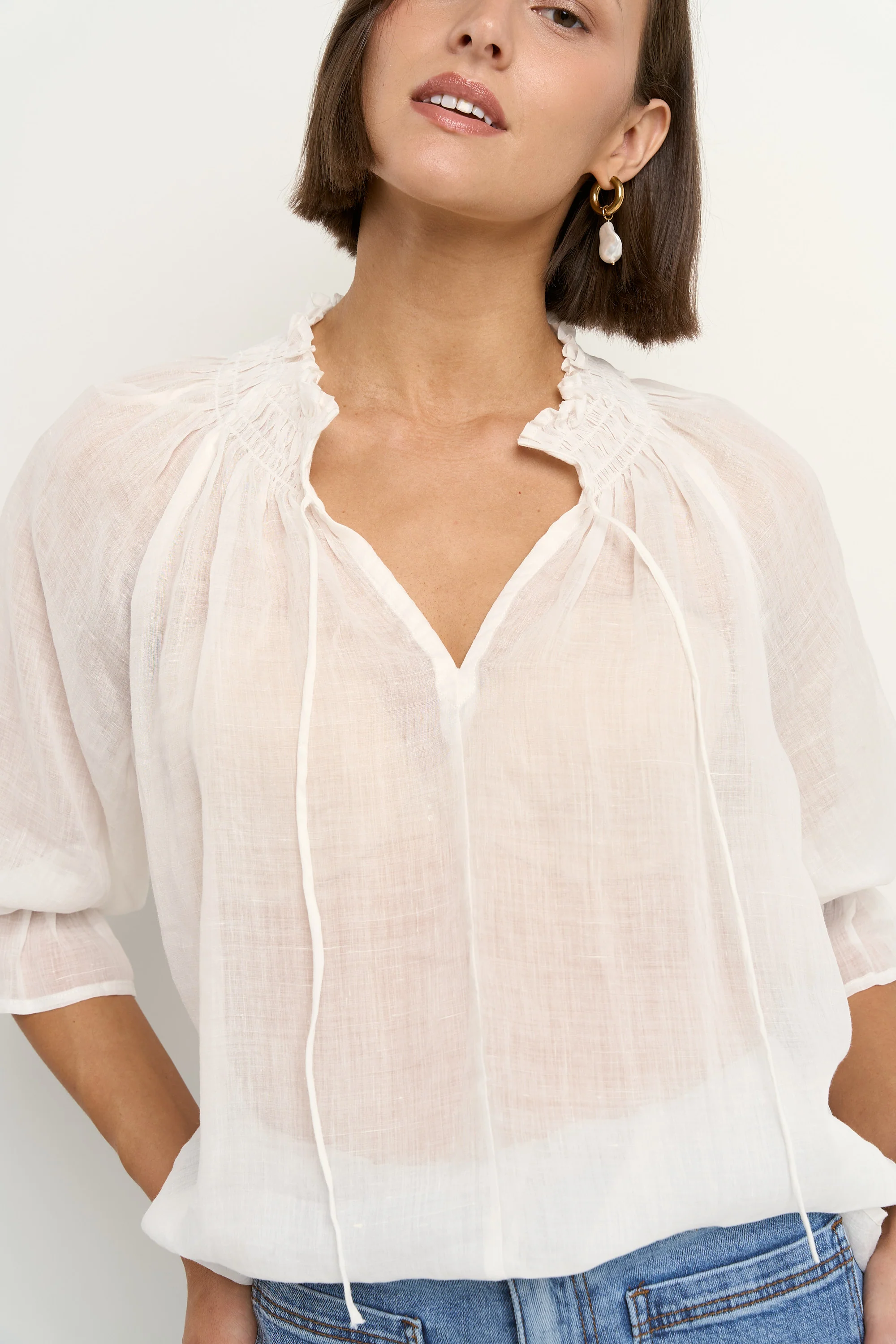 Expedition Ivory Ramie Shirred Neck Short Sleeve Top - Image 3