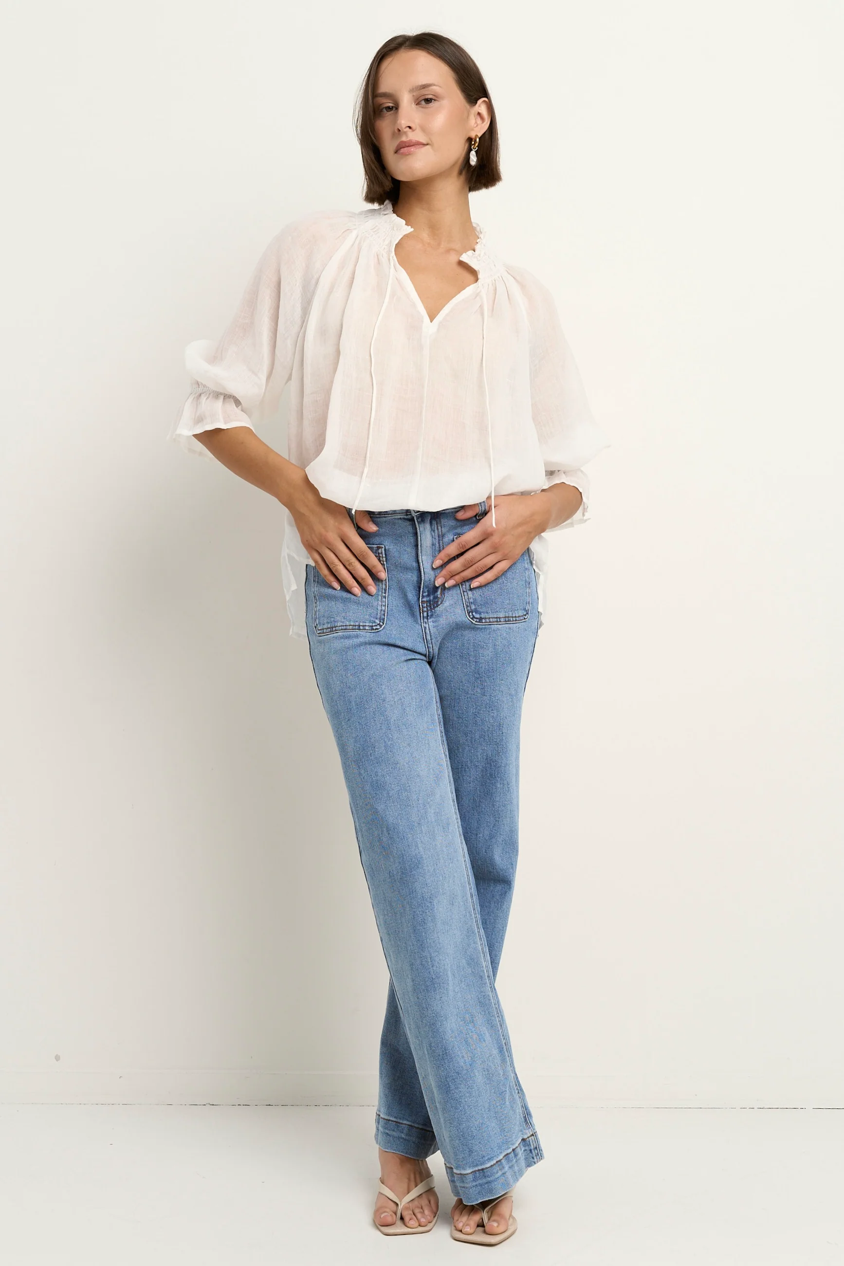Expedition Ivory Ramie Shirred Neck Short Sleeve Top - Image 4