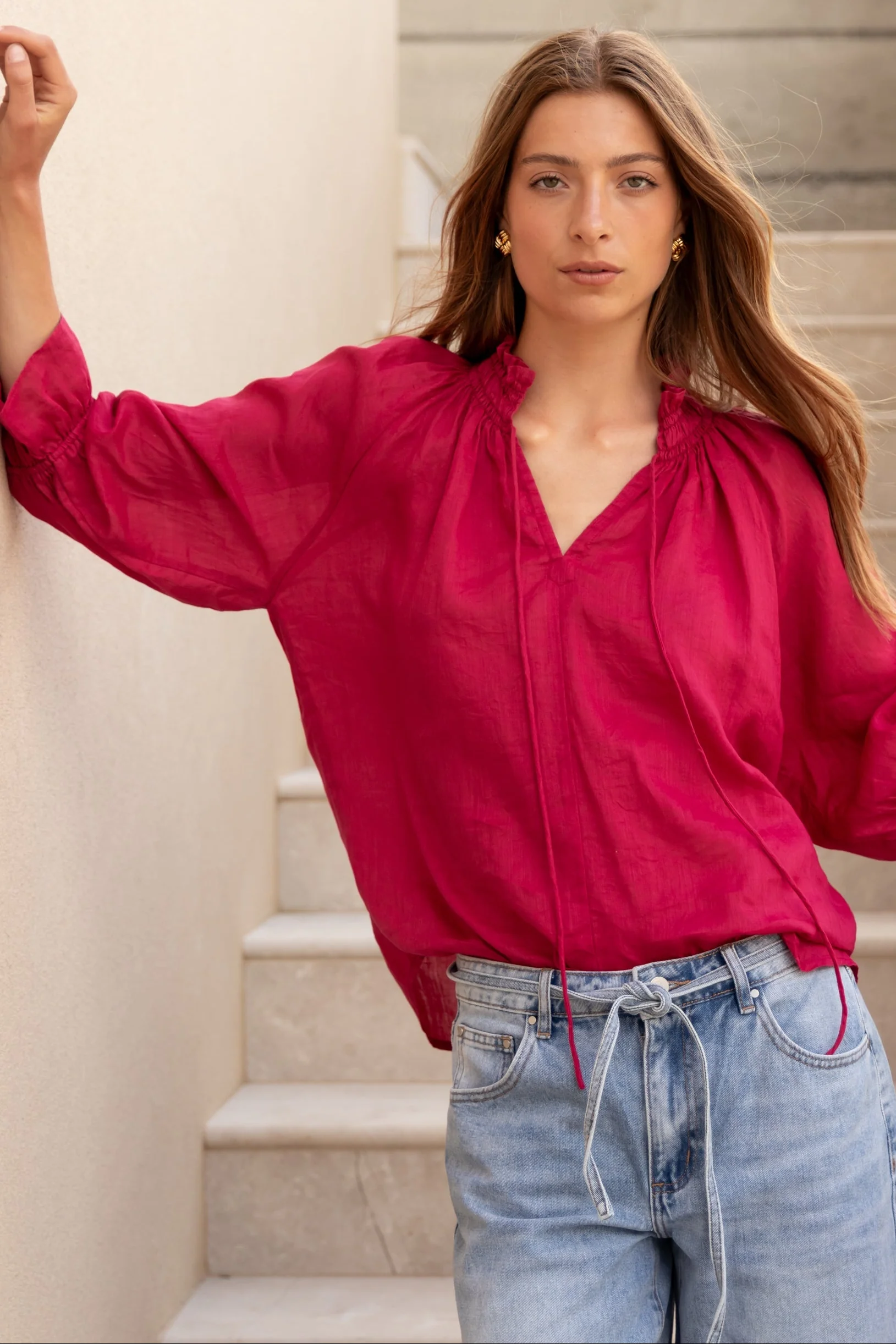 Expedition Raspberry Shirred Neck Short Sleeve Top