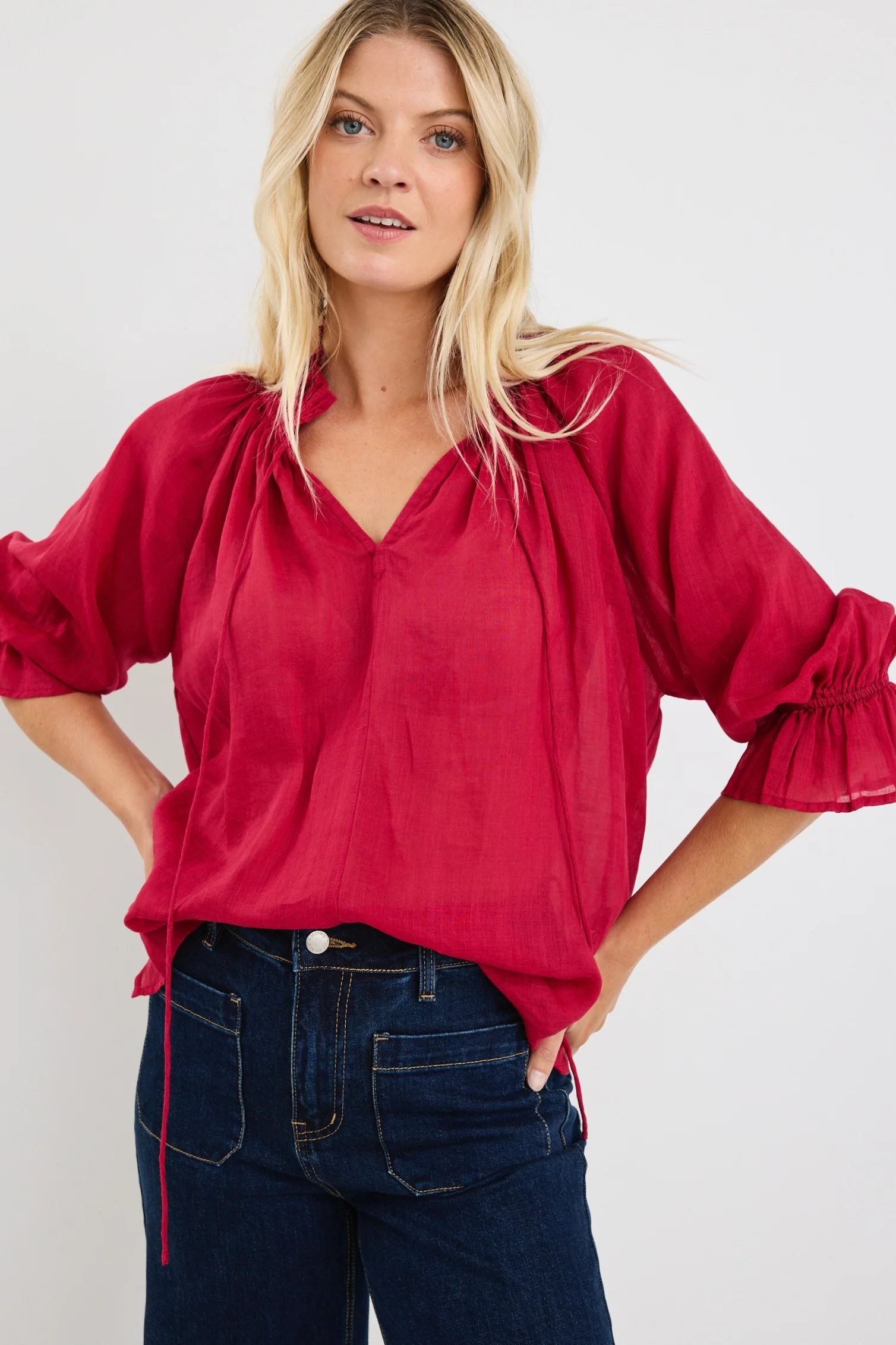 Expedition Raspberry Shirred Neck Short Sleeve Top - Image 2