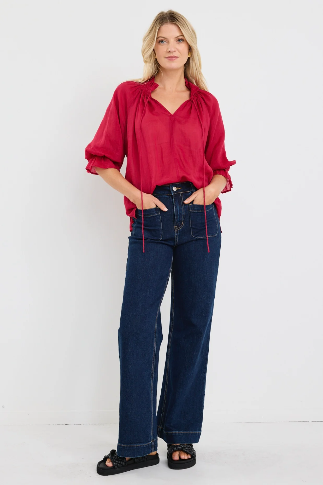 Expedition Raspberry Shirred Neck Short Sleeve Top - Image 5