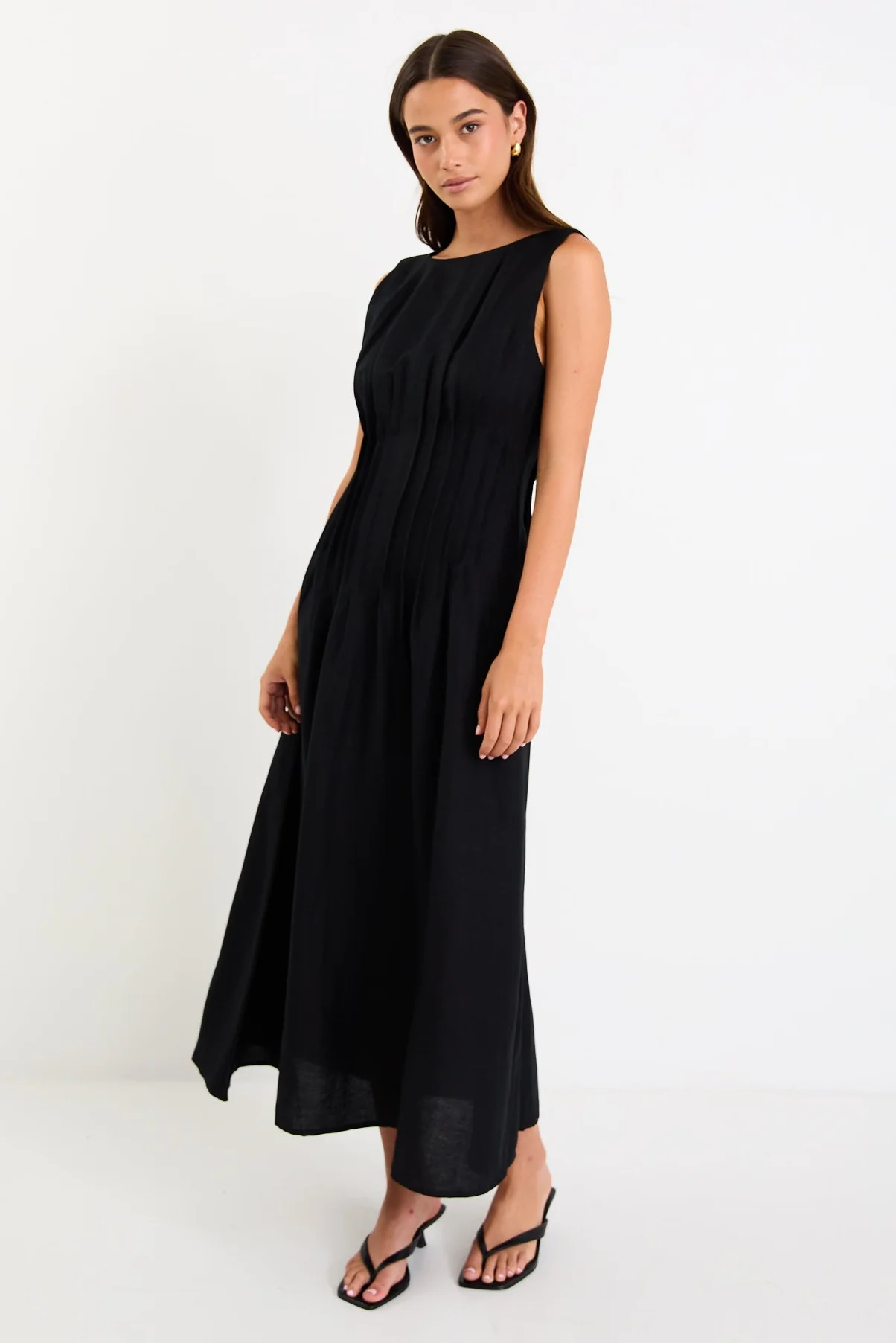 Exploration Black Linen Blend Pintuck Maxi Dress - Image 2