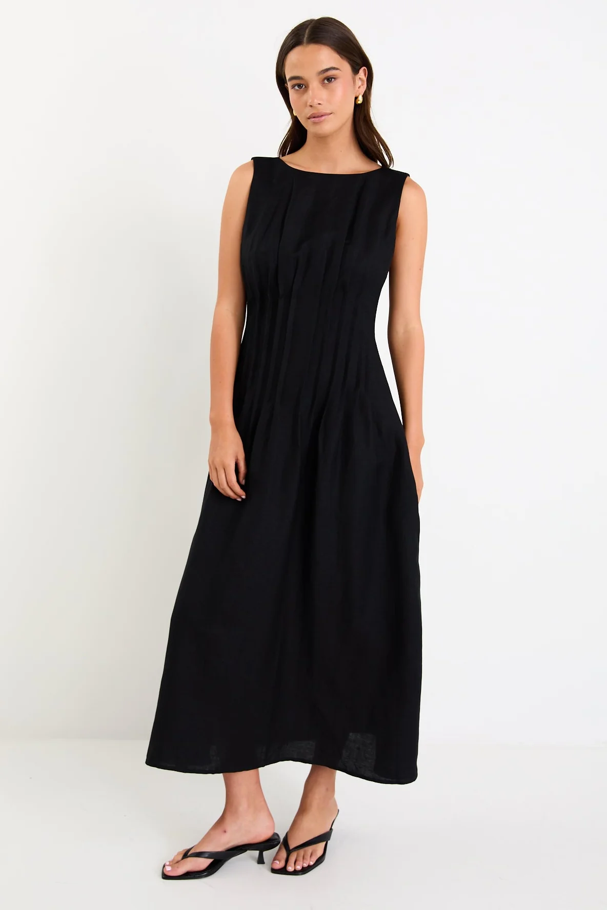 Exploration Black Linen Blend Pintuck Maxi Dress - Image 4