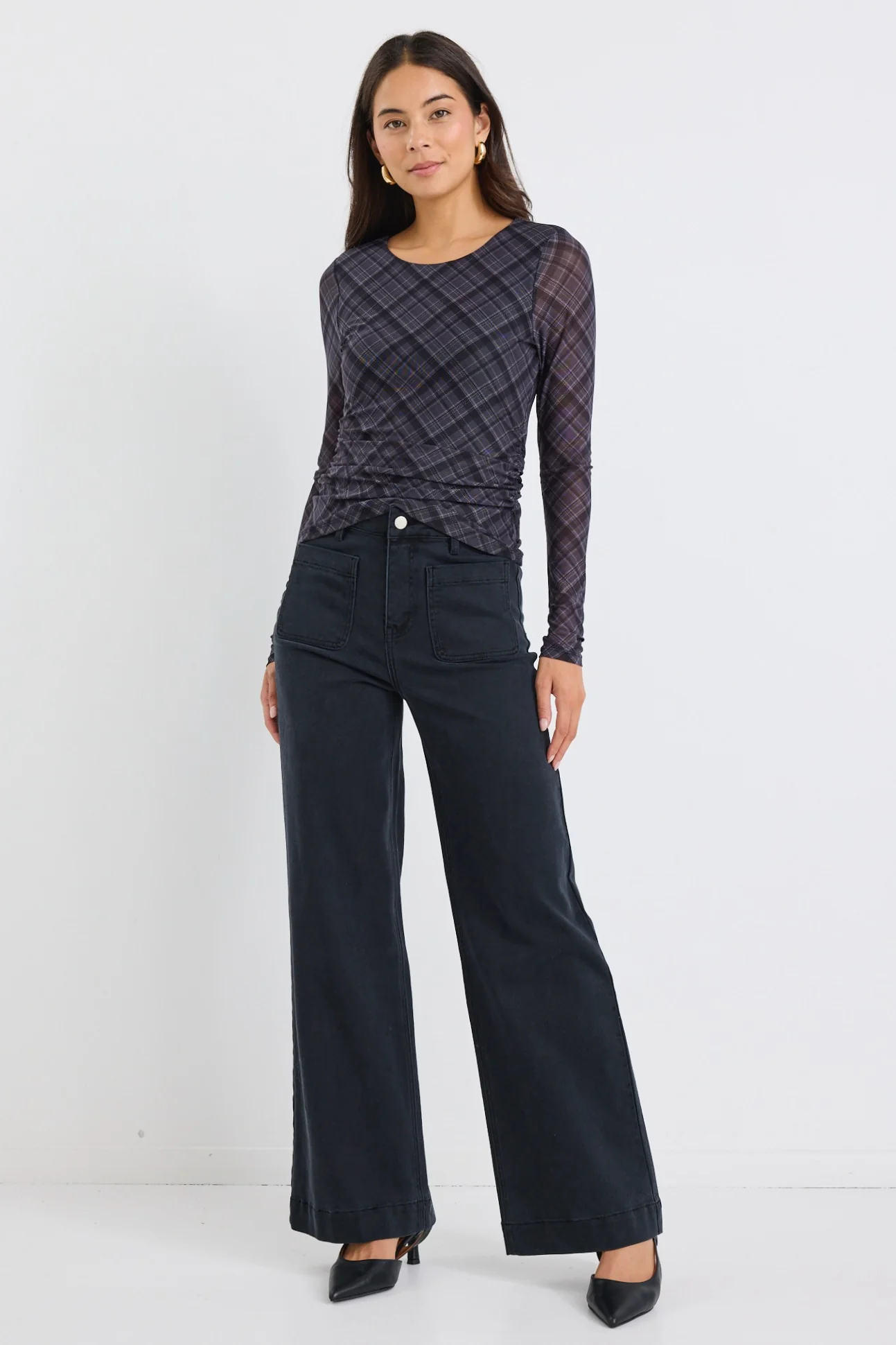 Explore Charcoal Check LS Wide Neck Top - Image 3