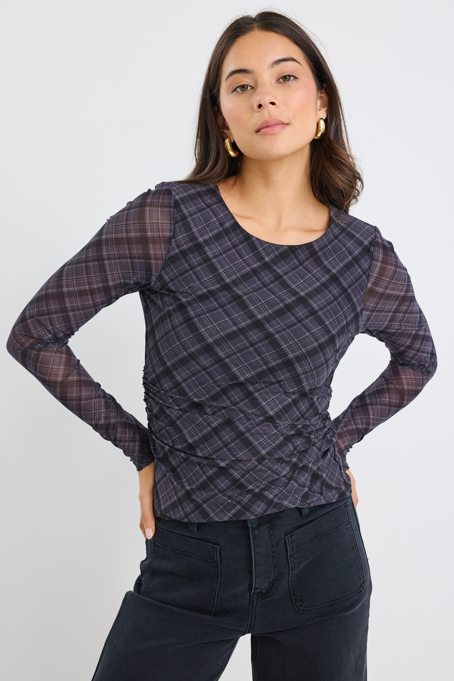 Explore Charcoal Check LS Wide Neck Top - Image 5