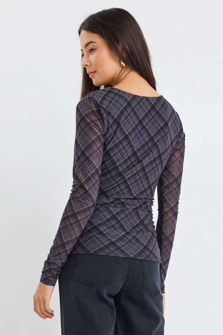 Explore Charcoal Check LS Wide Neck Top - Image 6