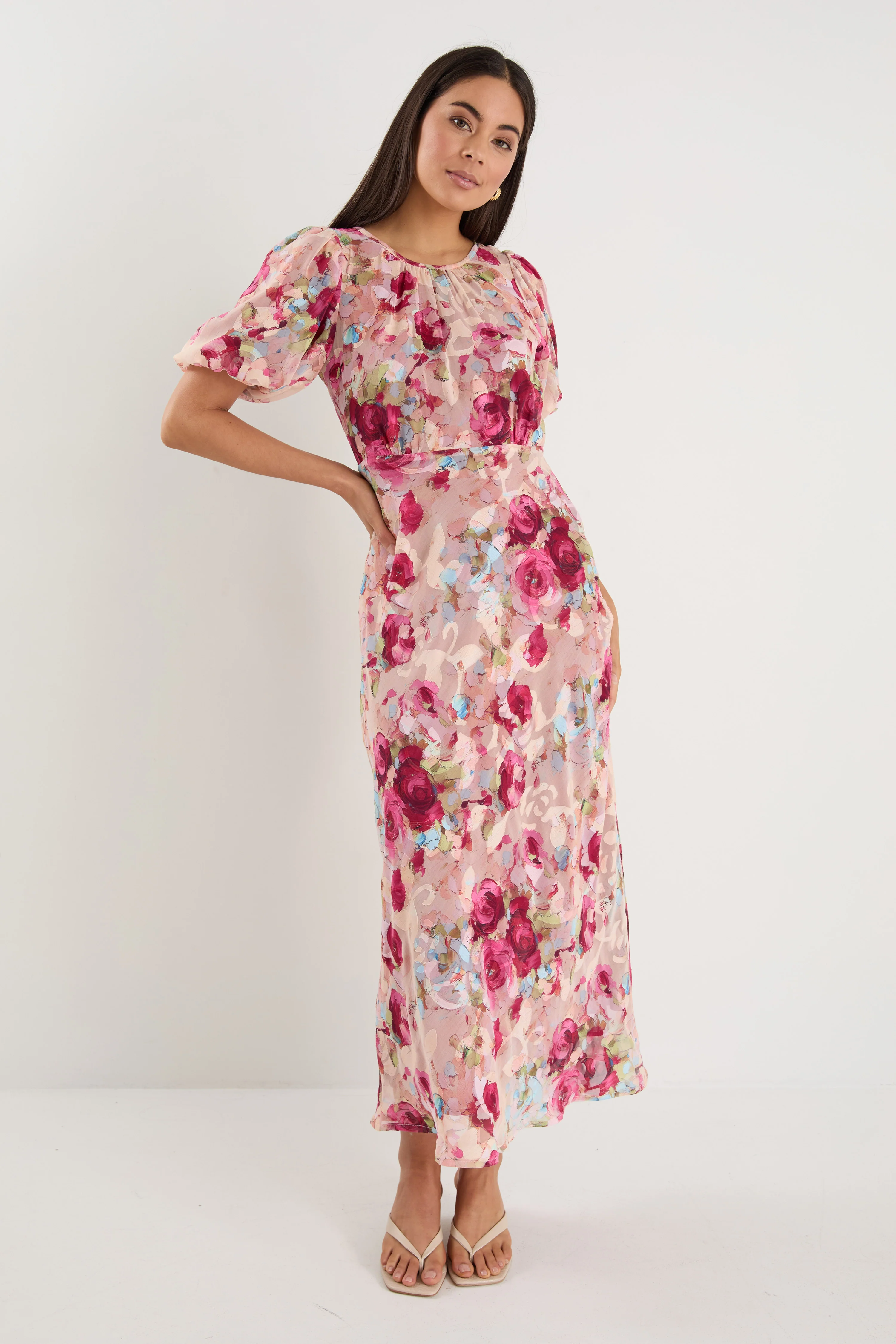 Exquisite Painted Rose Puff Sleeve Midi Dress - Image 3