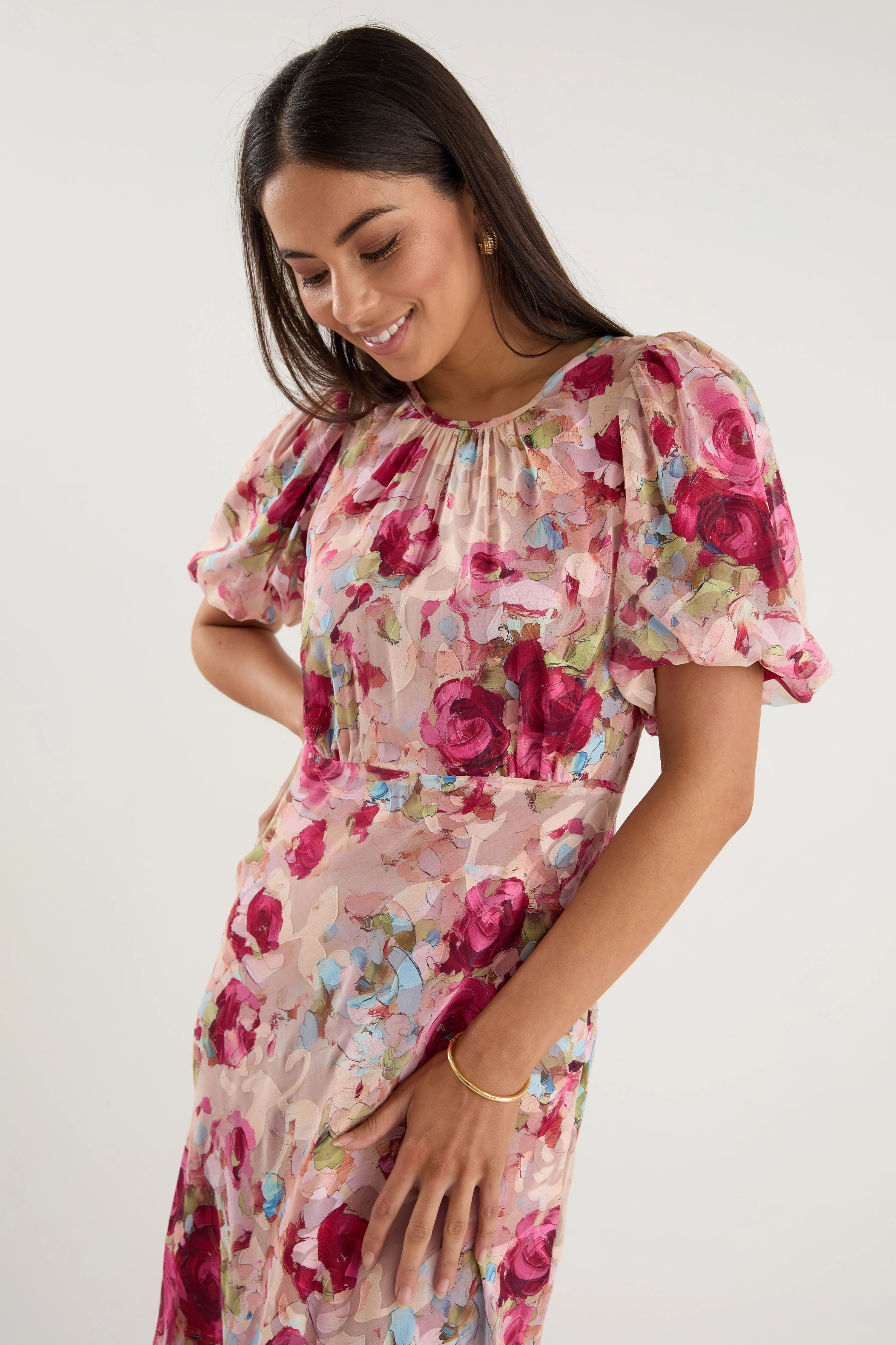 Exquisite Painted Rose Puff Sleeve Midi Dress - Image 4