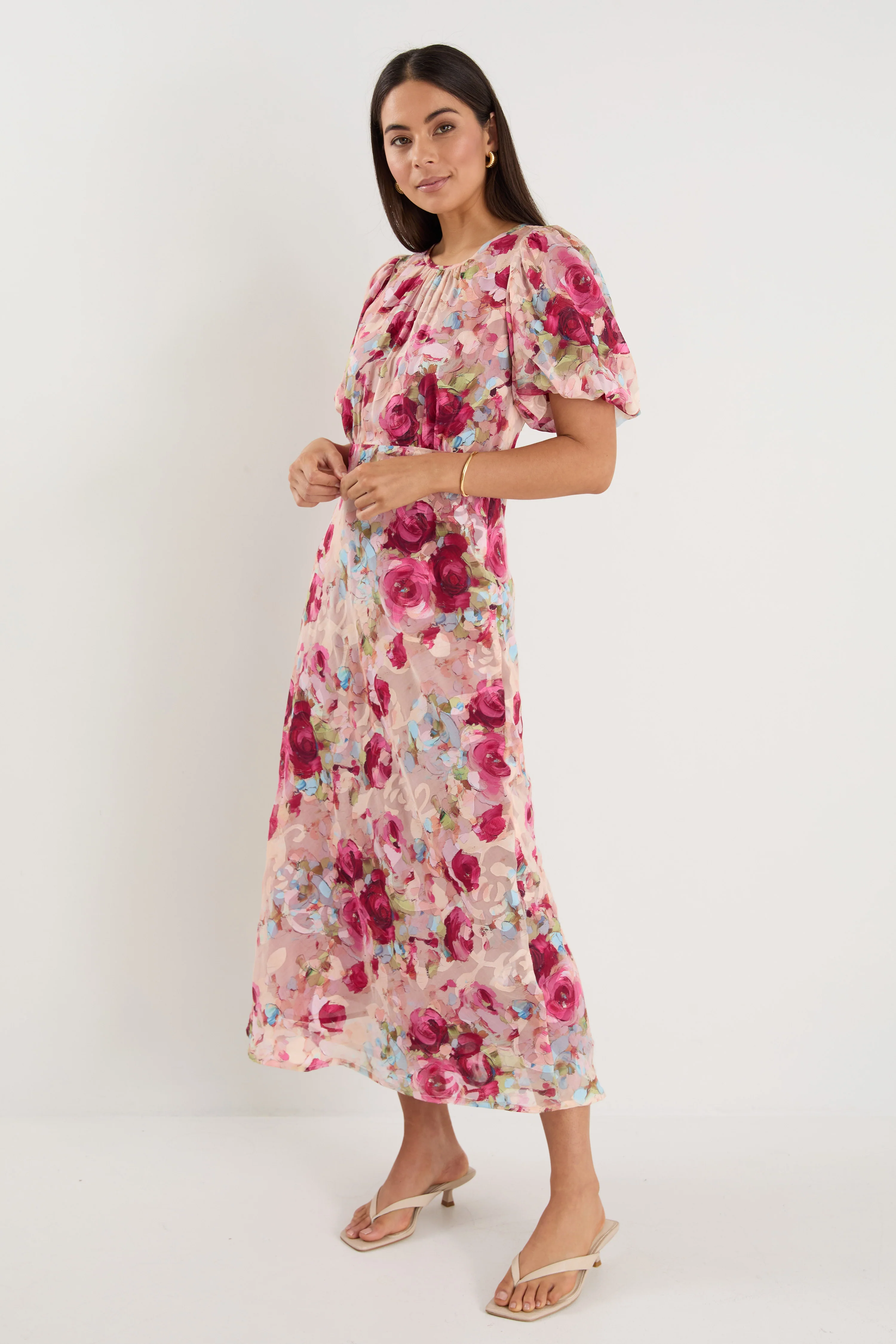 Exquisite Painted Rose Puff Sleeve Midi Dress - Image 5