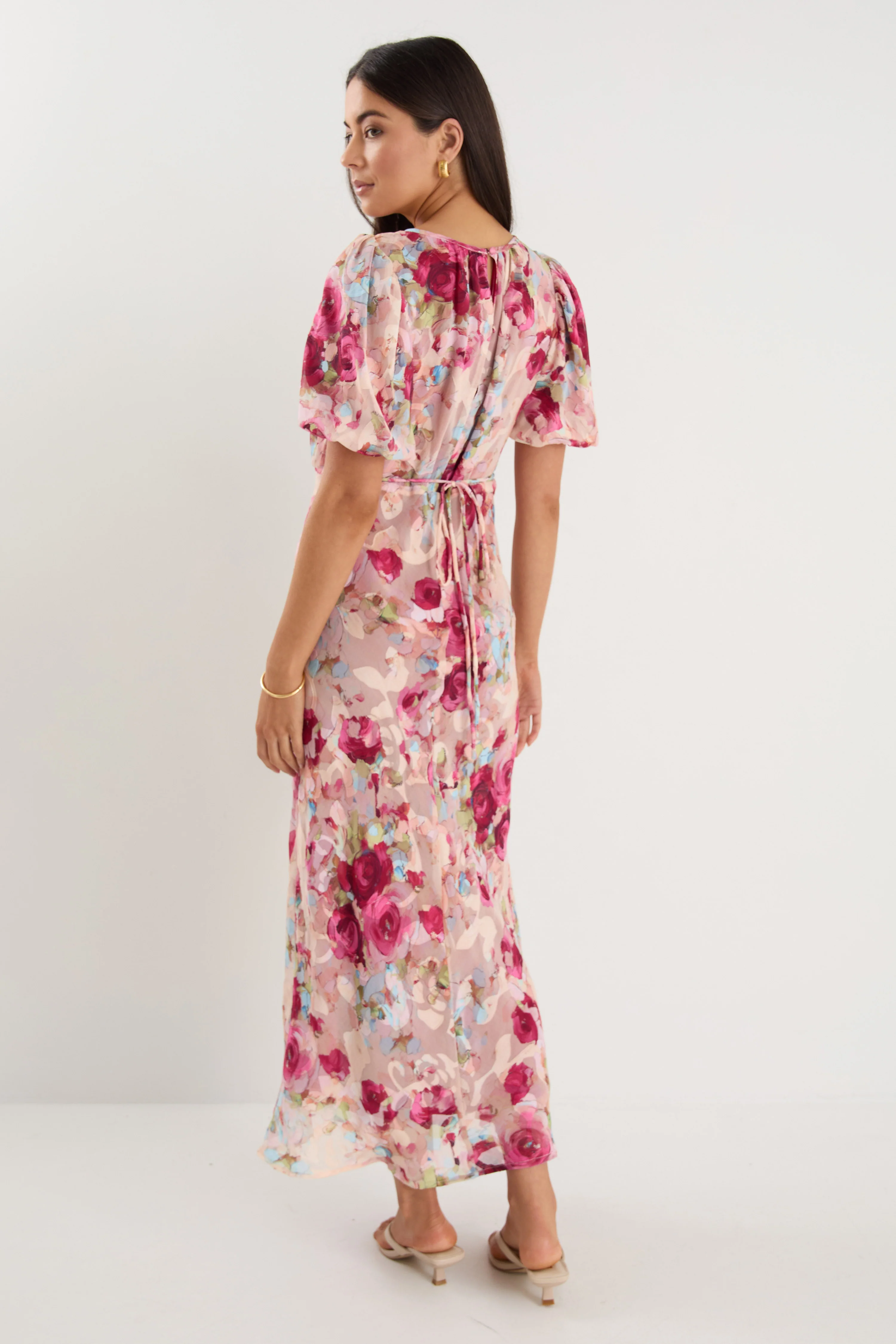 Exquisite Painted Rose Puff Sleeve Midi Dress - Image 6