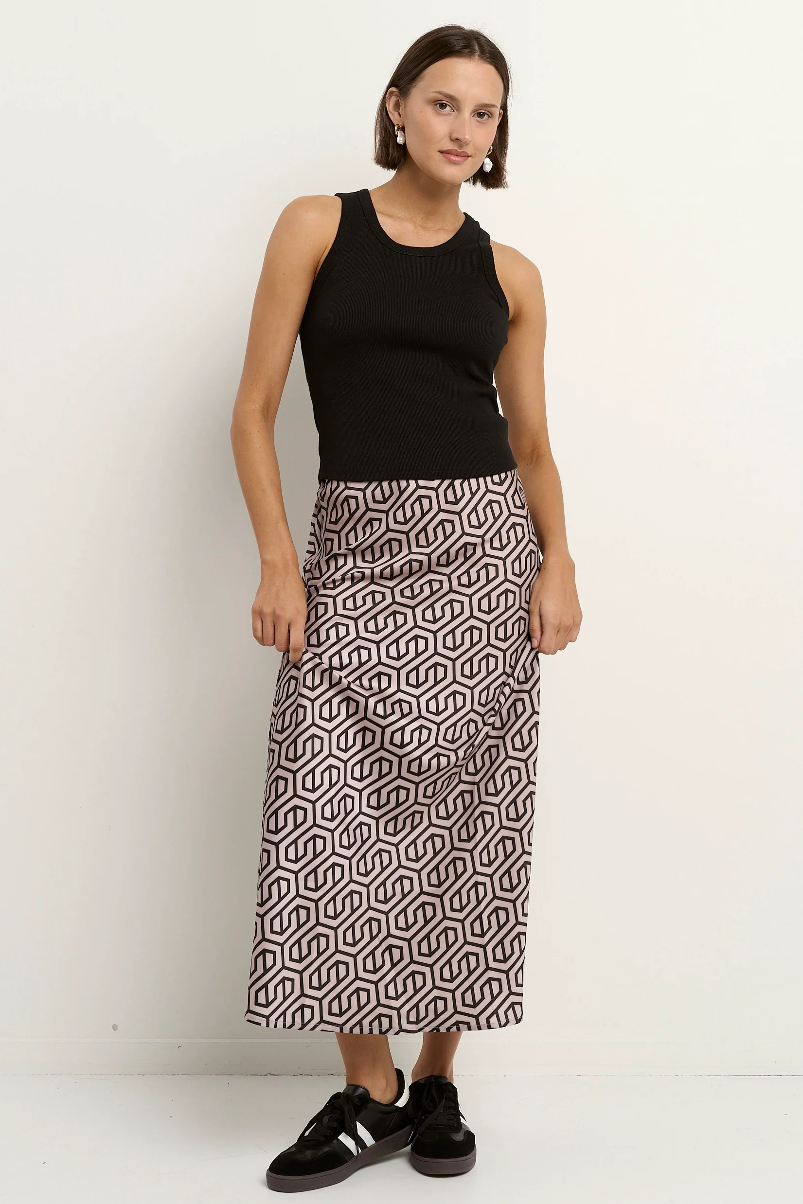 Faithful Black Geo Print Satin Bias Maxi Skirt