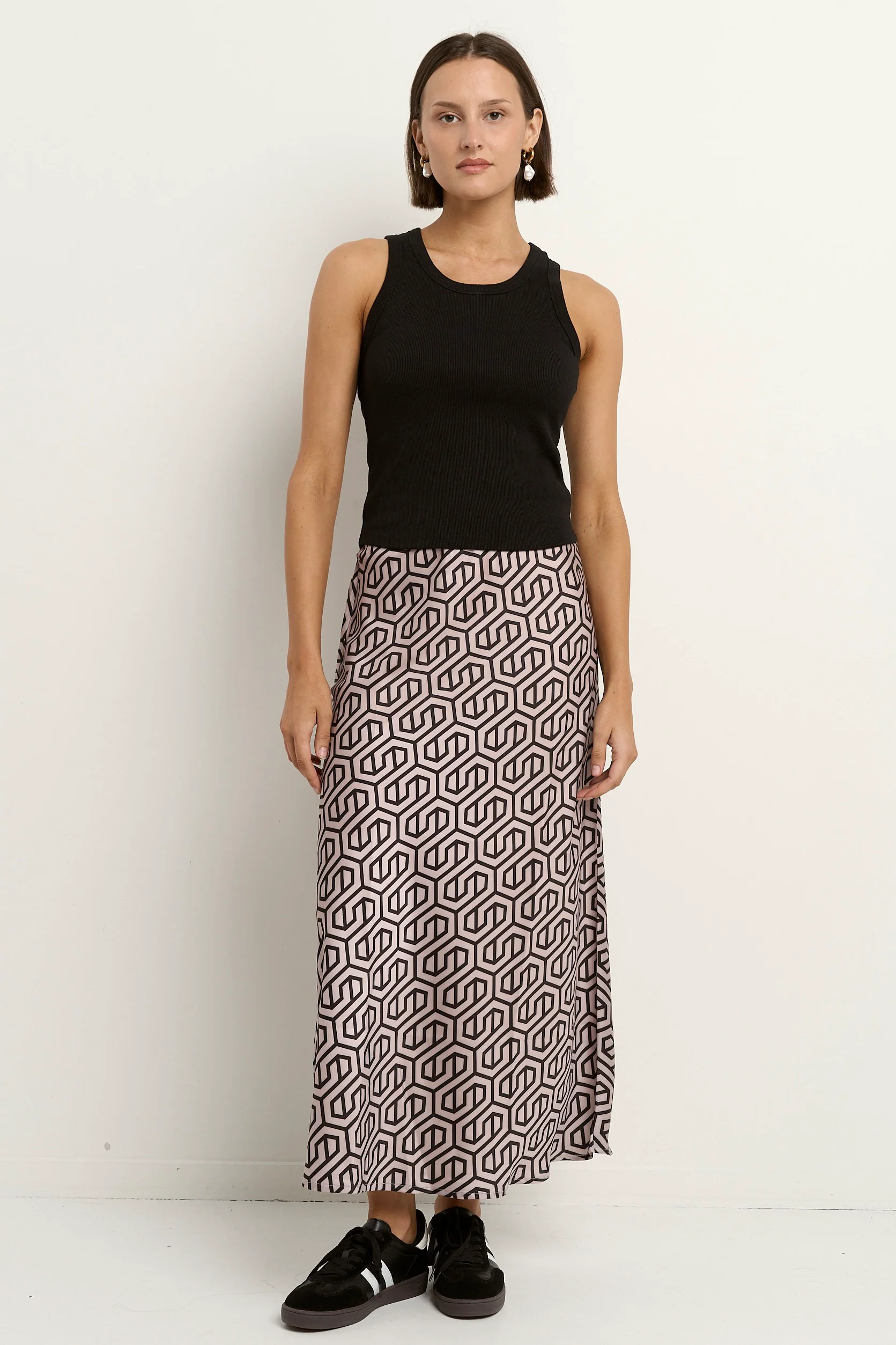 Faithful Black Geo Print Satin Bias Maxi Skirt - Image 3