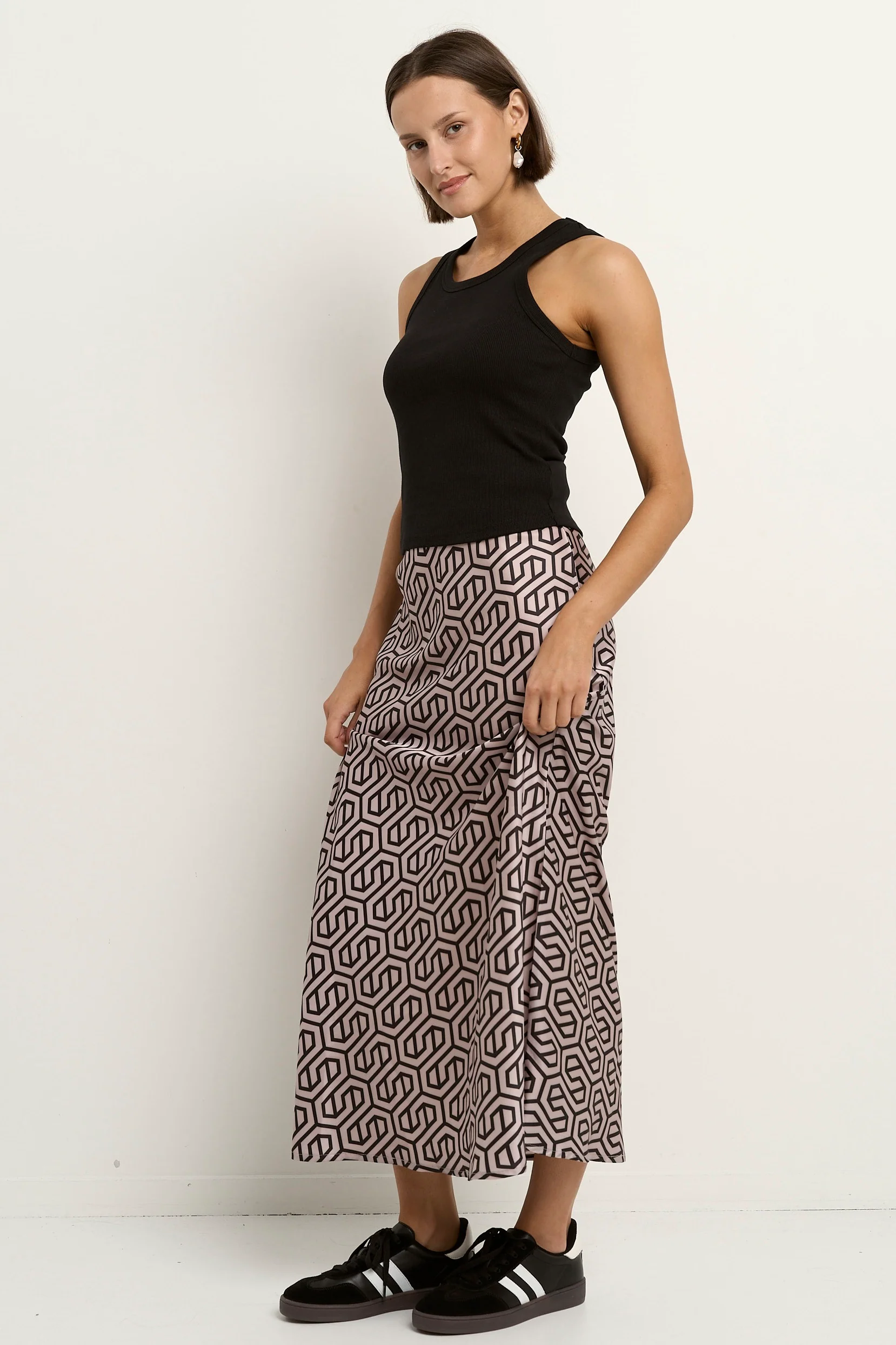 Faithful Black Geo Print Satin Bias Maxi Skirt - Image 4