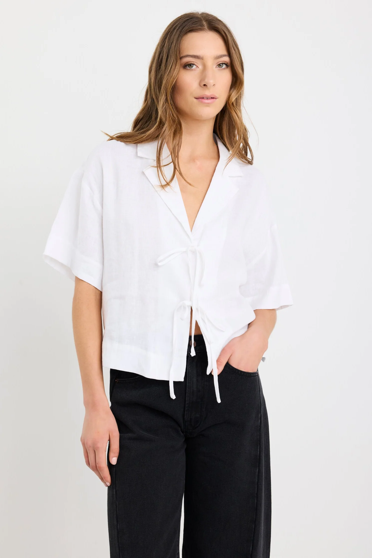 Fasten Ivory Linen Tie Front Shirt - Image 4