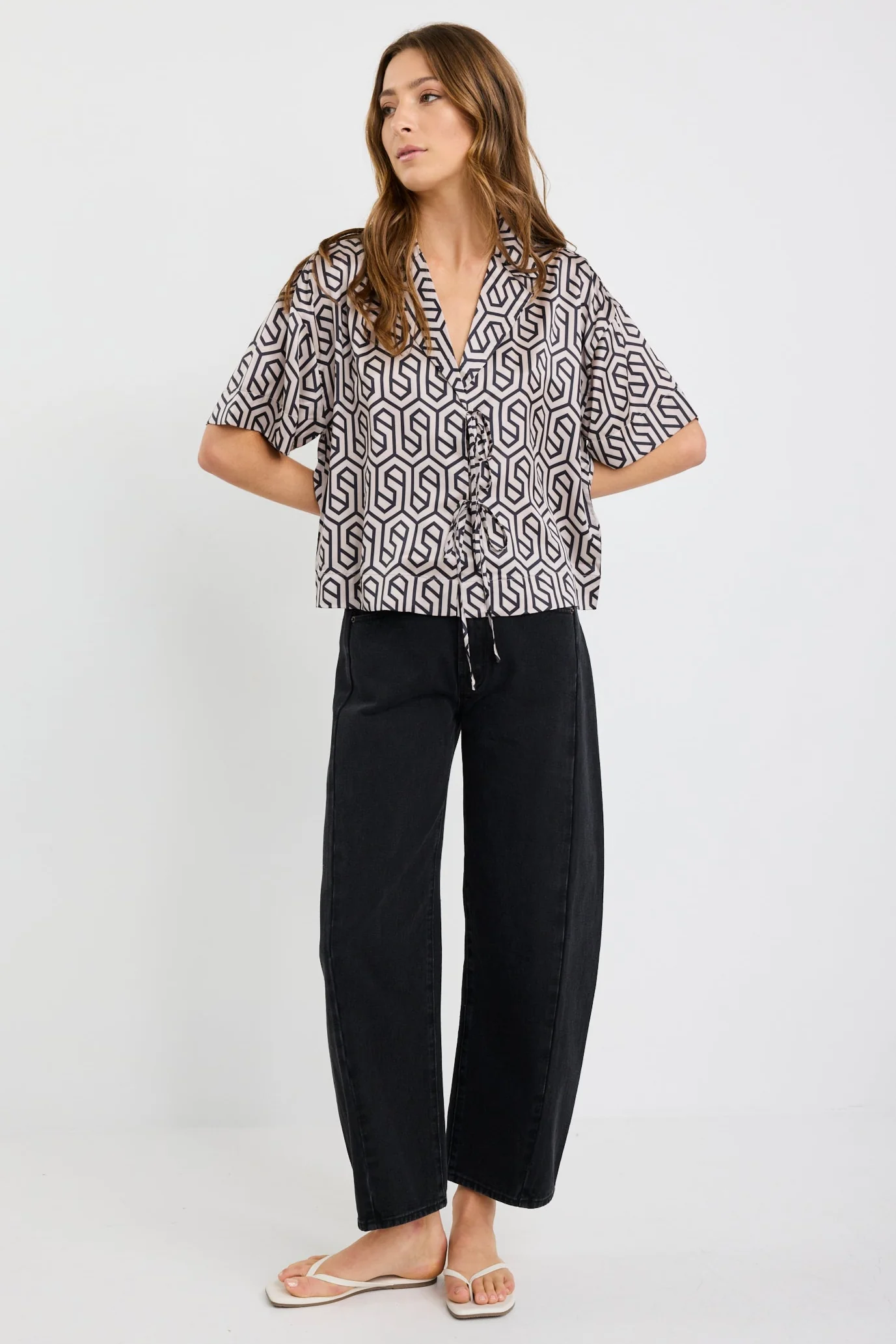 Fasten Black Geo Print Satin Tie Front Shirt - Image 2