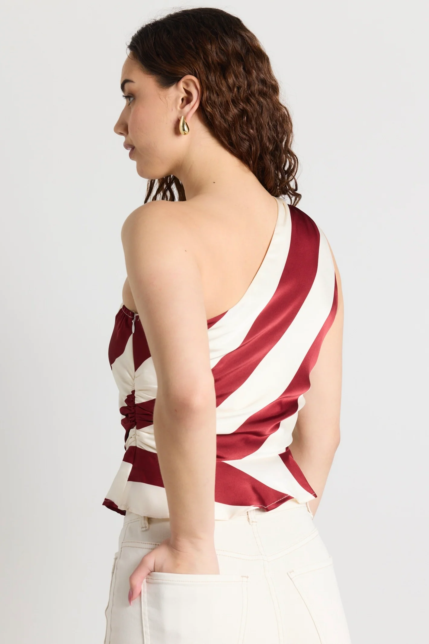 Fiction Plum Stripe Satin One Shoulder Top - Image 4