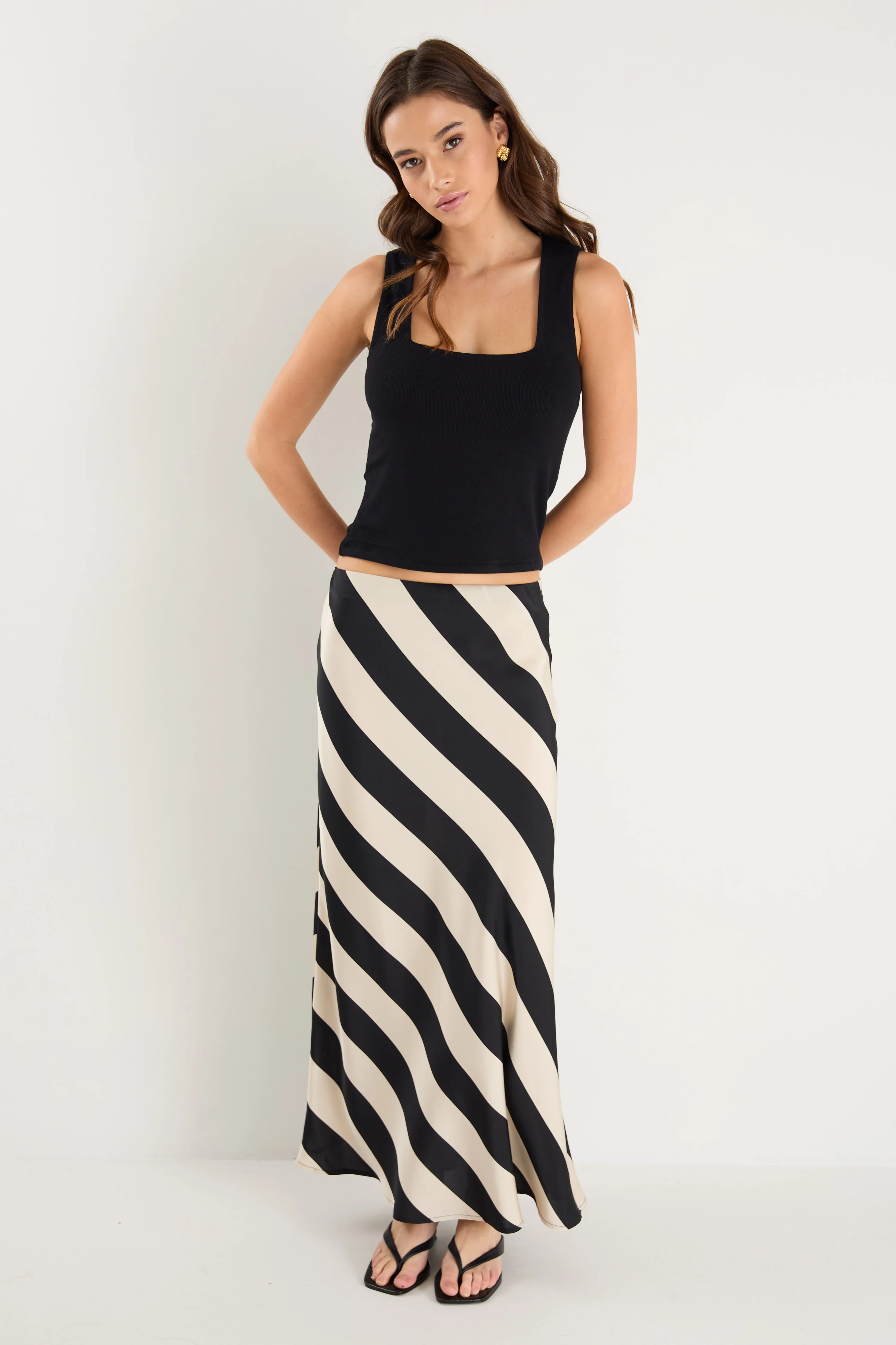 Fiery Black Sand Stripe Satin Bias Maxi Skirt - Image 2