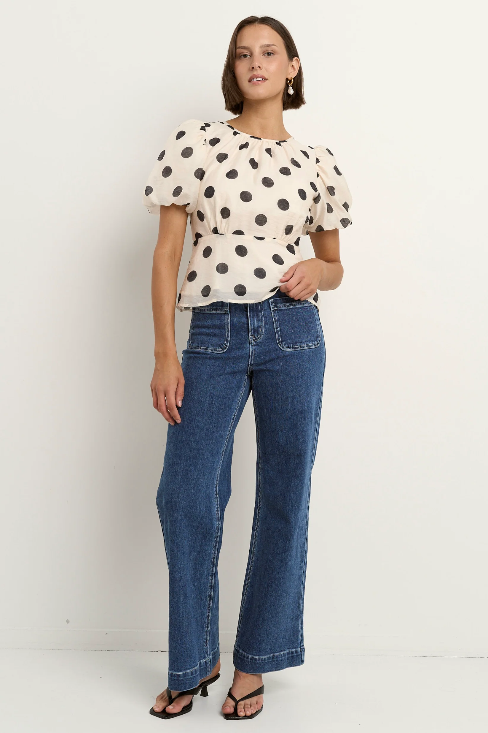 Finali Cream Black Polka Dot Puff Short Sleeve Top - Image 3