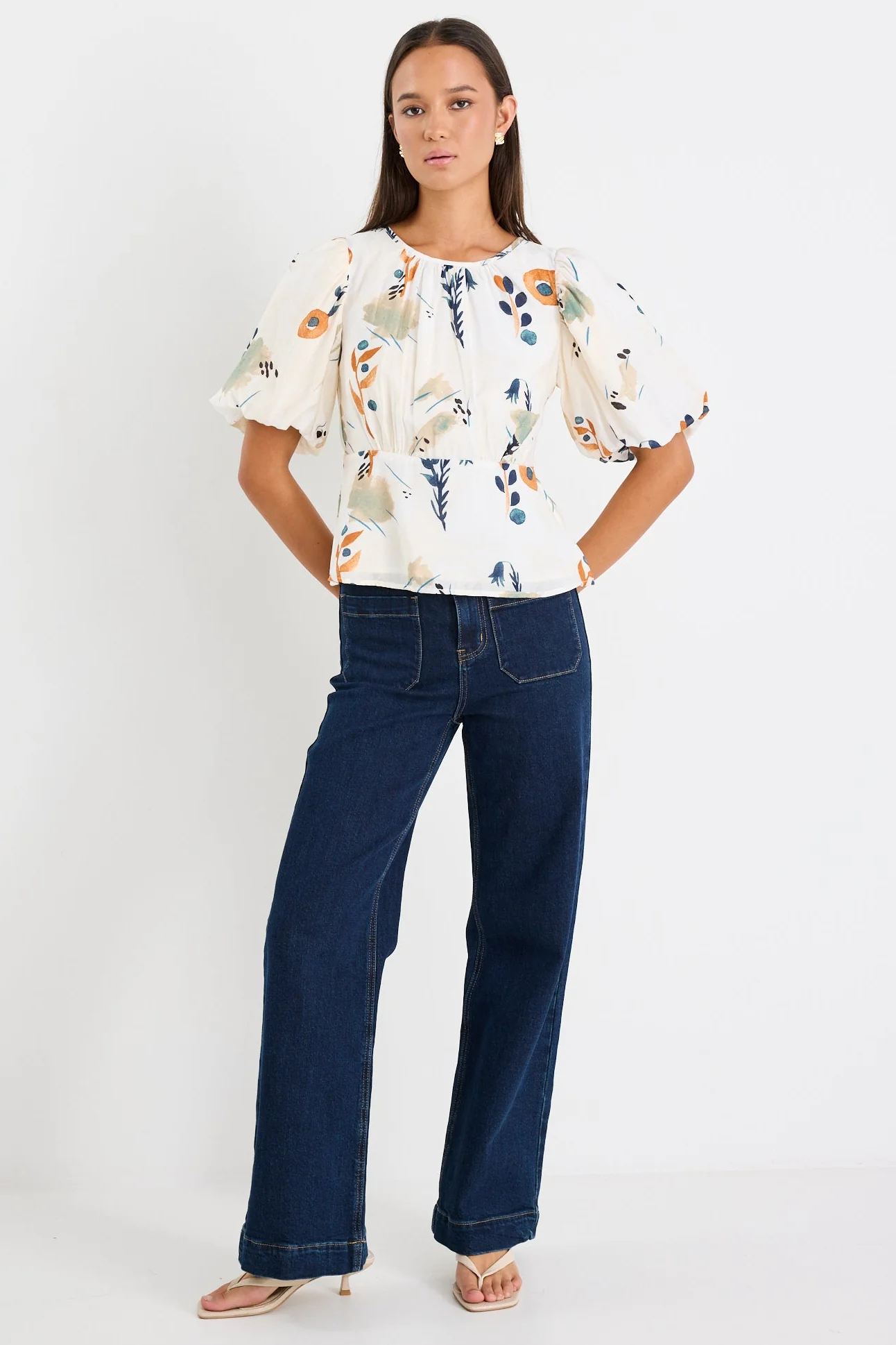 Finali Earthy Botanical Bubble Sleeve Top - Image 2