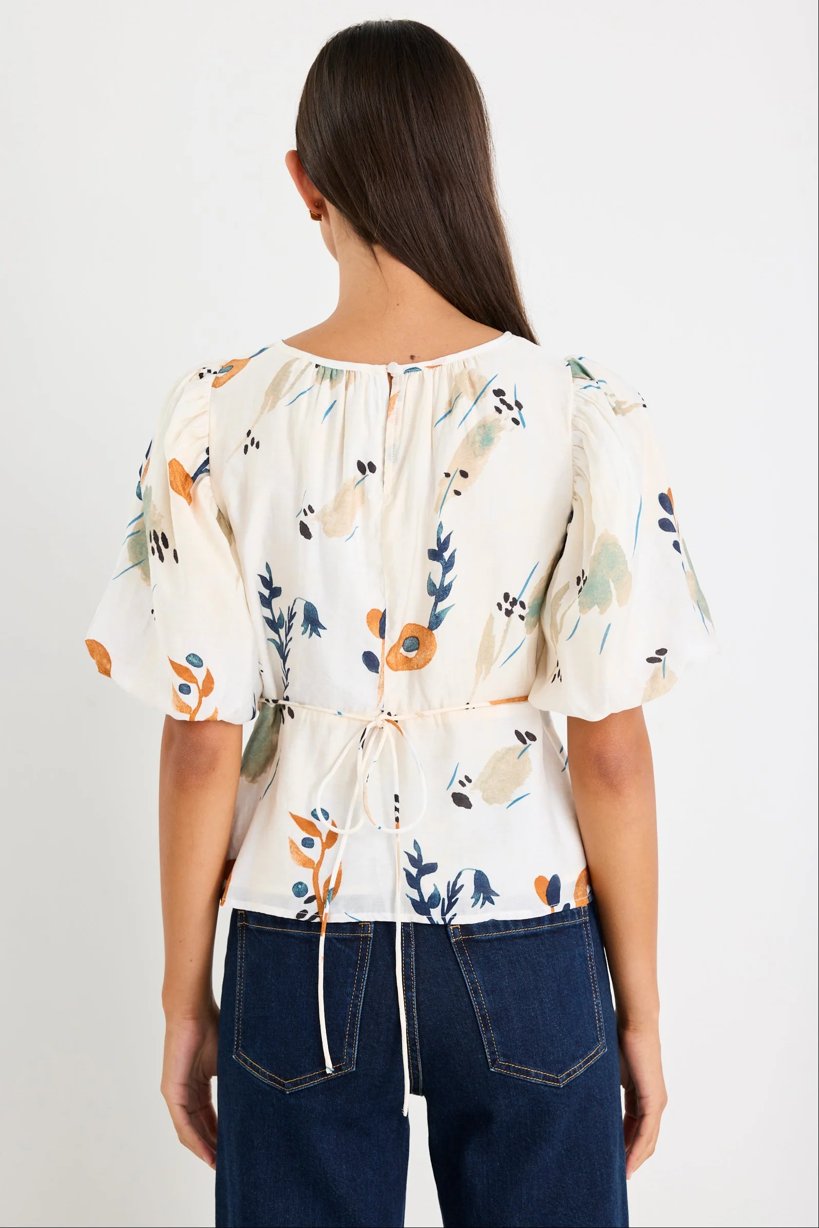 Finali Earthy Botanical Bubble Sleeve Top - Image 4