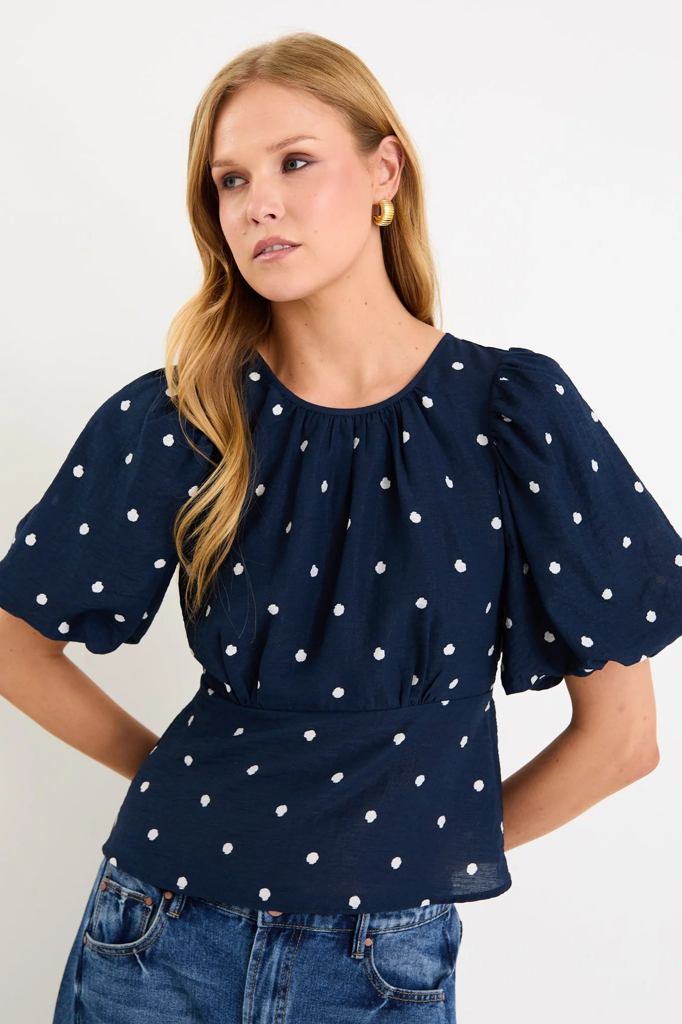 Finali Navy Polka Dot Bubble Sleeve Top
