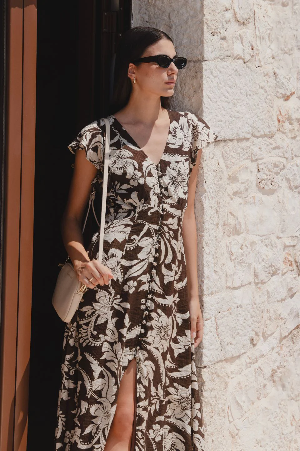 Flawless Chocolate Floral Fluted Sleeve Button Front Midi Dress - Image 3