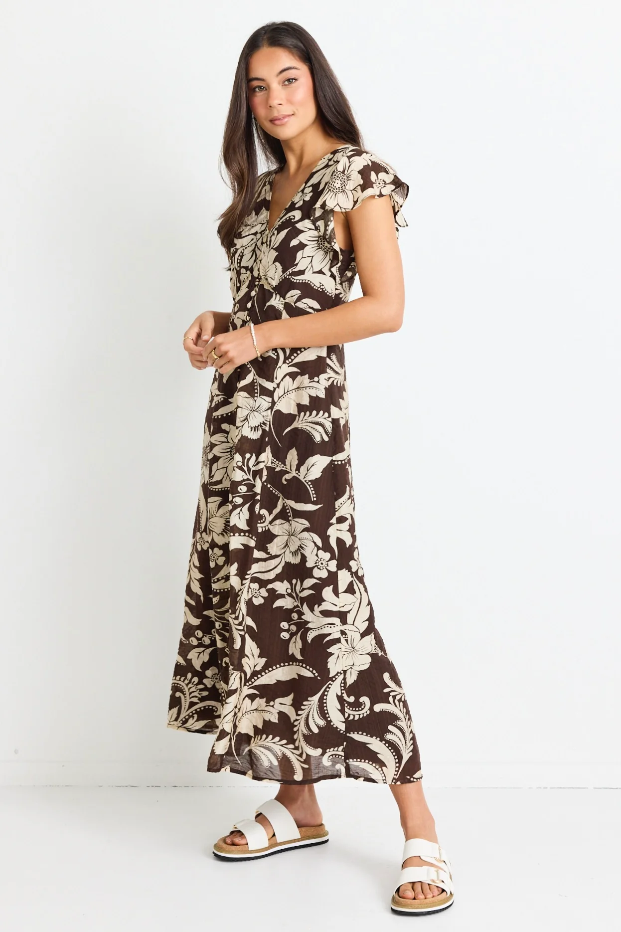 Flawless Chocolate Floral Fluted Sleeve Button Front Midi Dress - Image 4