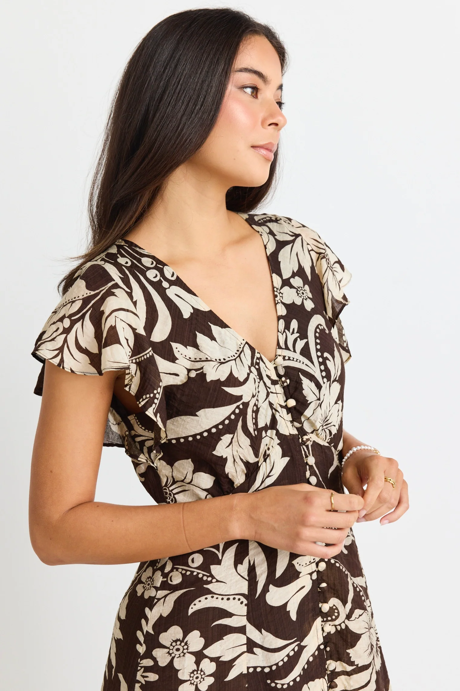 Flawless Chocolate Floral Fluted Sleeve Button Front Midi Dress - Image 5