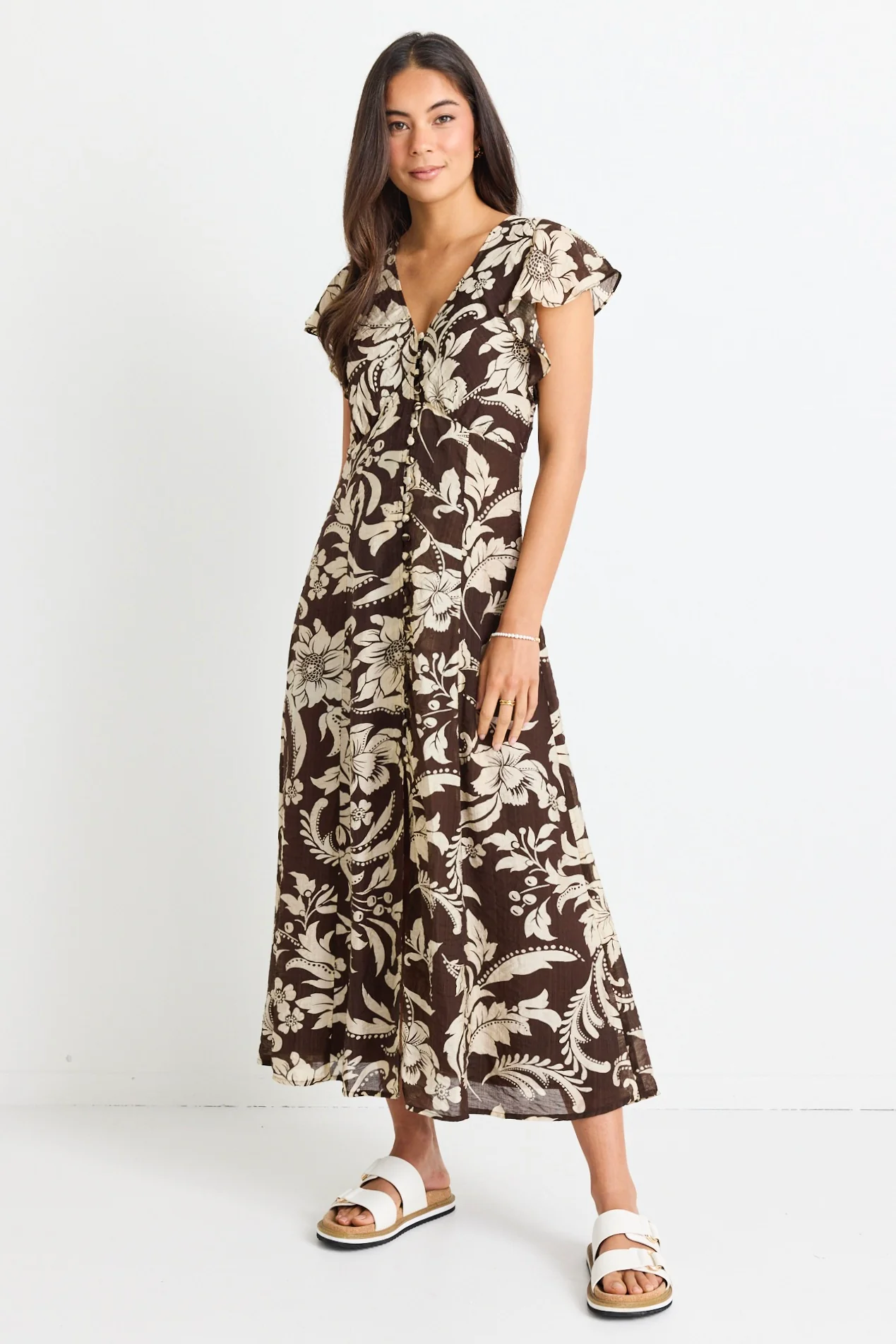 Flawless Chocolate Floral Fluted Sleeve Button Front Midi Dress - Image 6