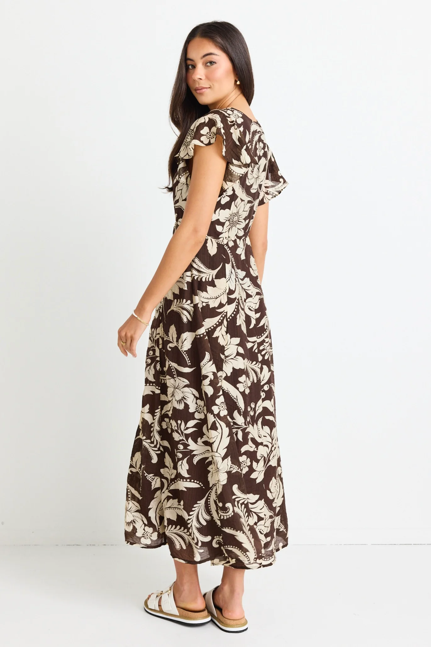 Flawless Chocolate Floral Fluted Sleeve Button Front Midi Dress - Image 7