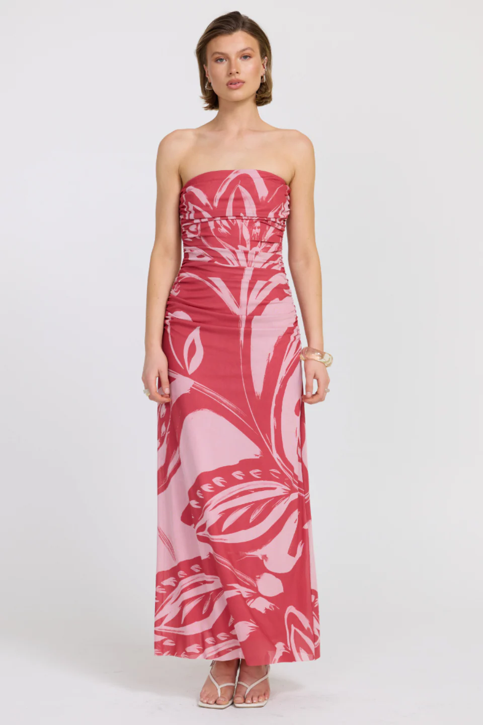 Flora Pink Hibiscus Strapless Mesh Maxi Dress - Image 2