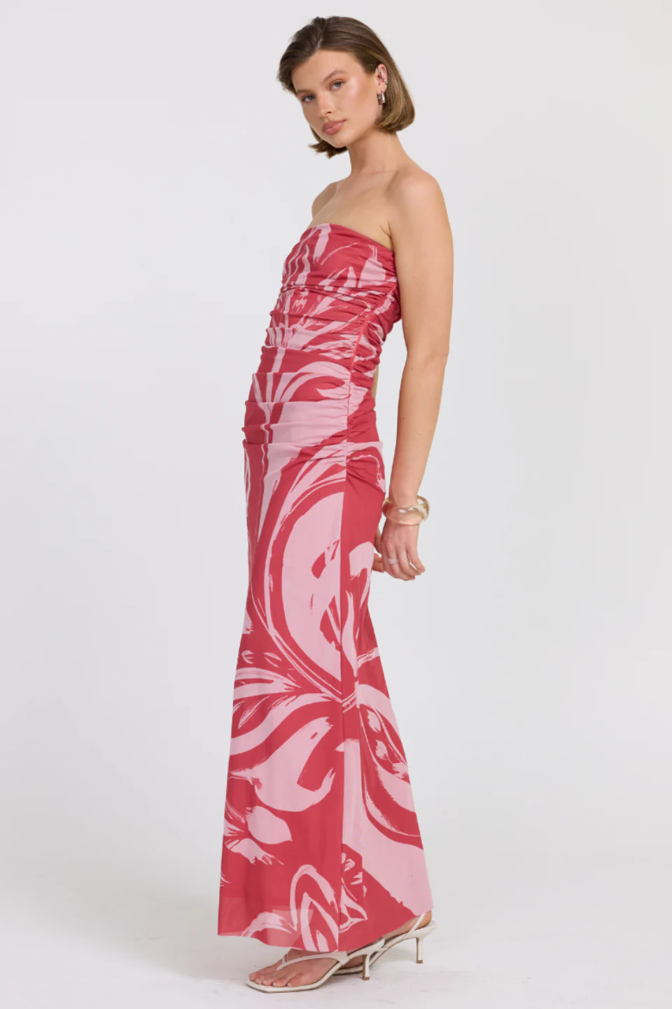 Flora Pink Hibiscus Strapless Mesh Maxi Dress - Image 3