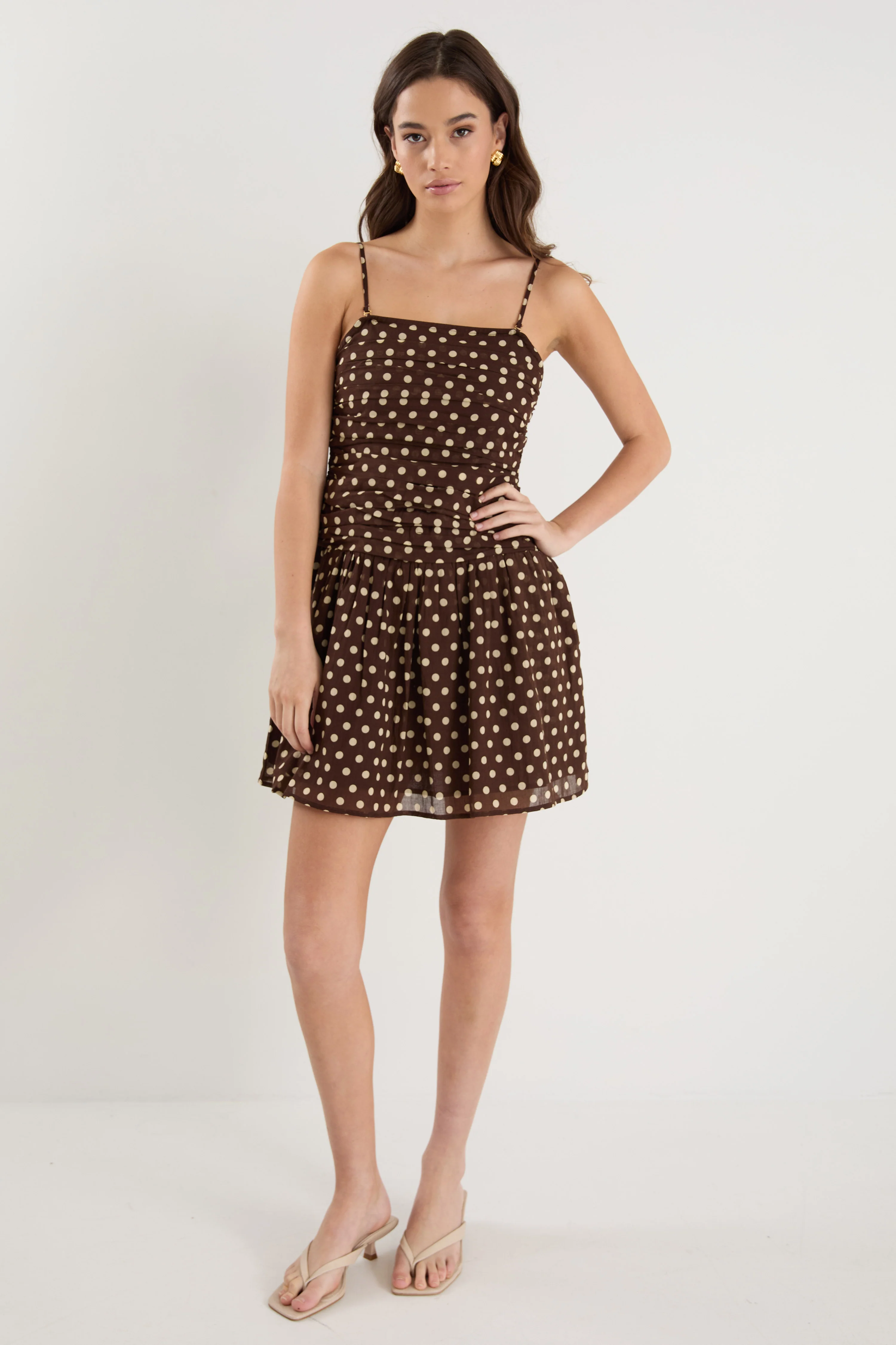 Florentine Chocolate Polka Dot Strapless Pleated Bodice Mini Dress - Image 2