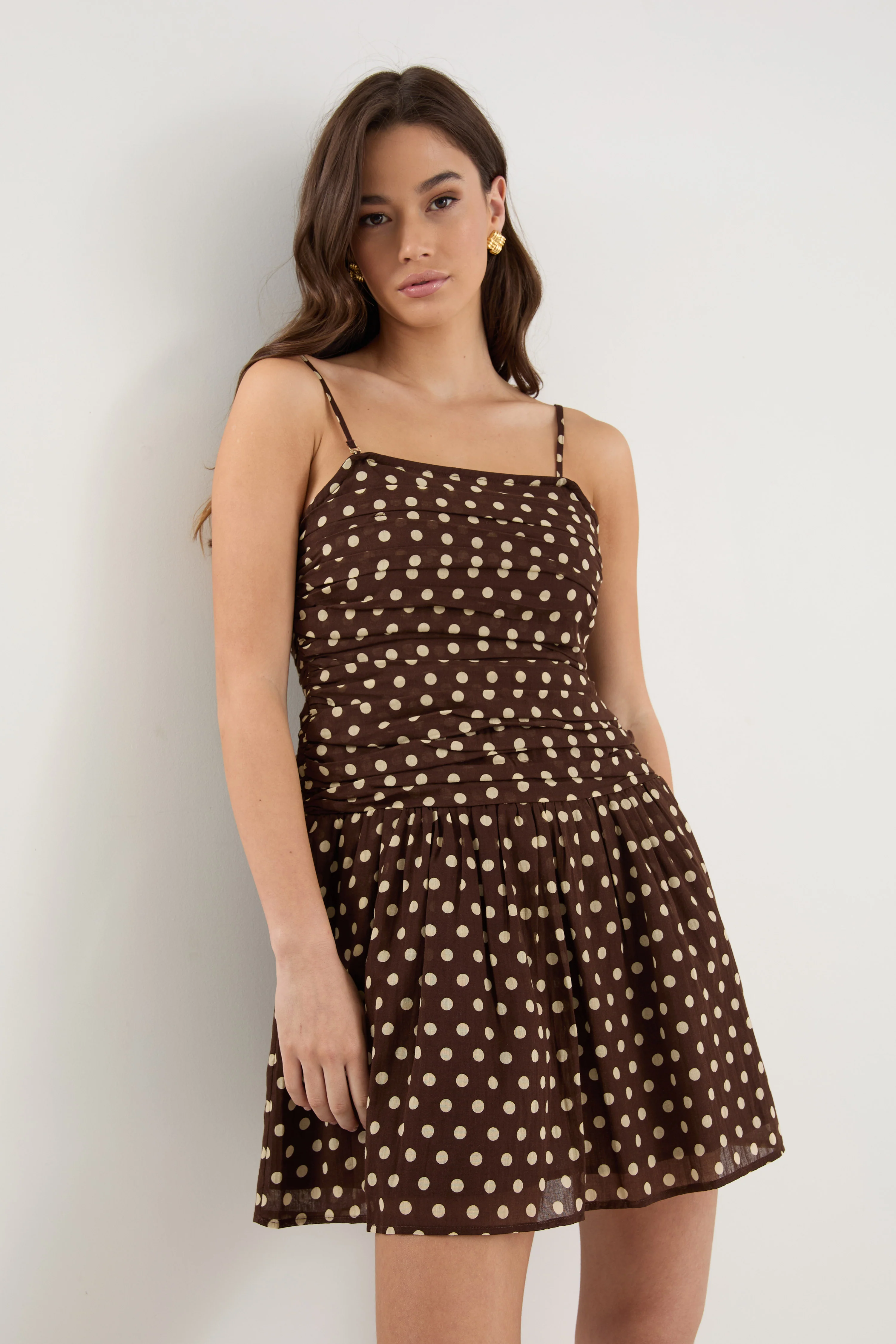 Florentine Chocolate Polka Dot Strapless Pleated Bodice Mini Dress - Image 6