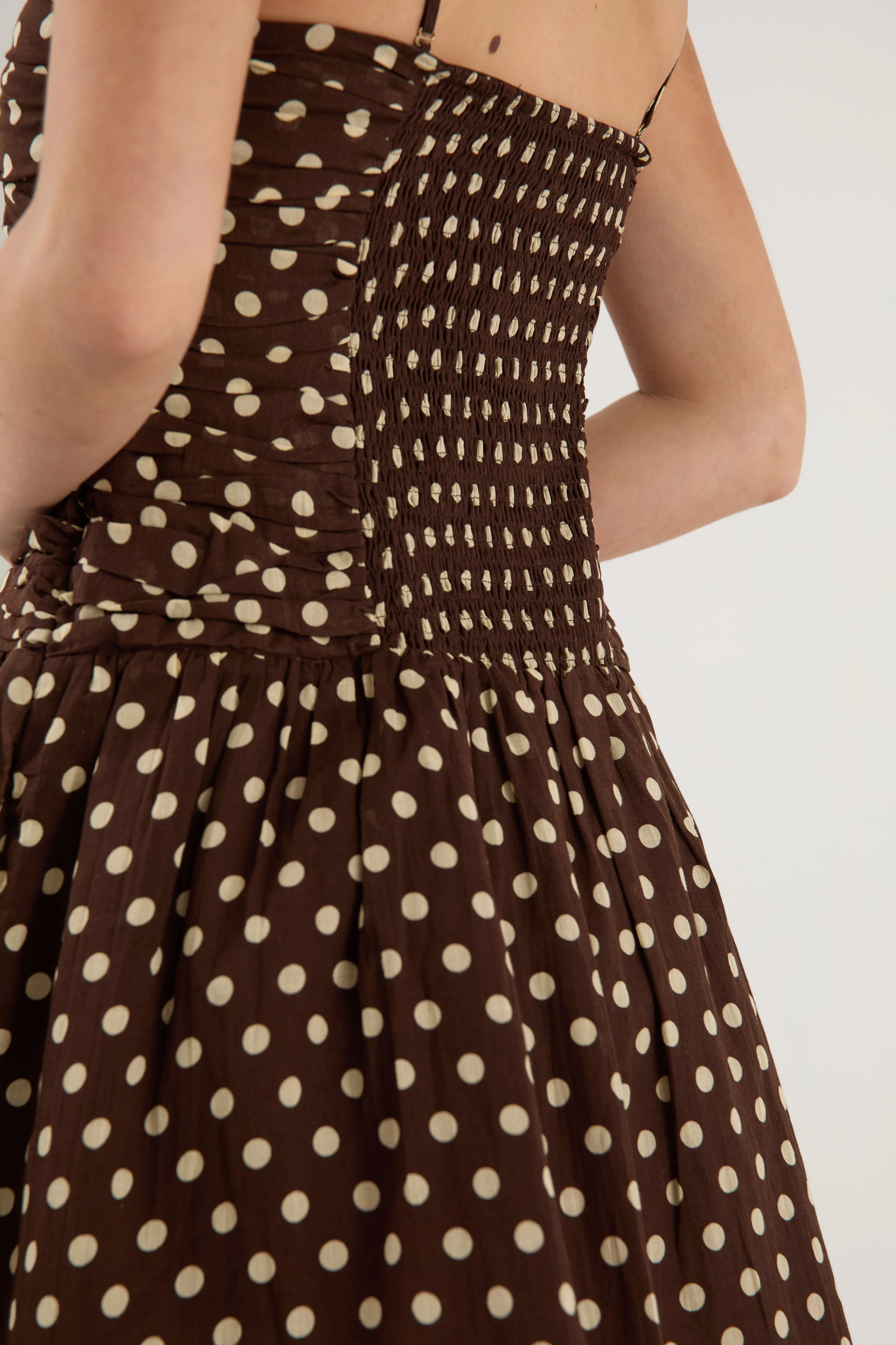 Florentine Chocolate Polka Dot Strapless Pleated Bodice Mini Dress - Image 7