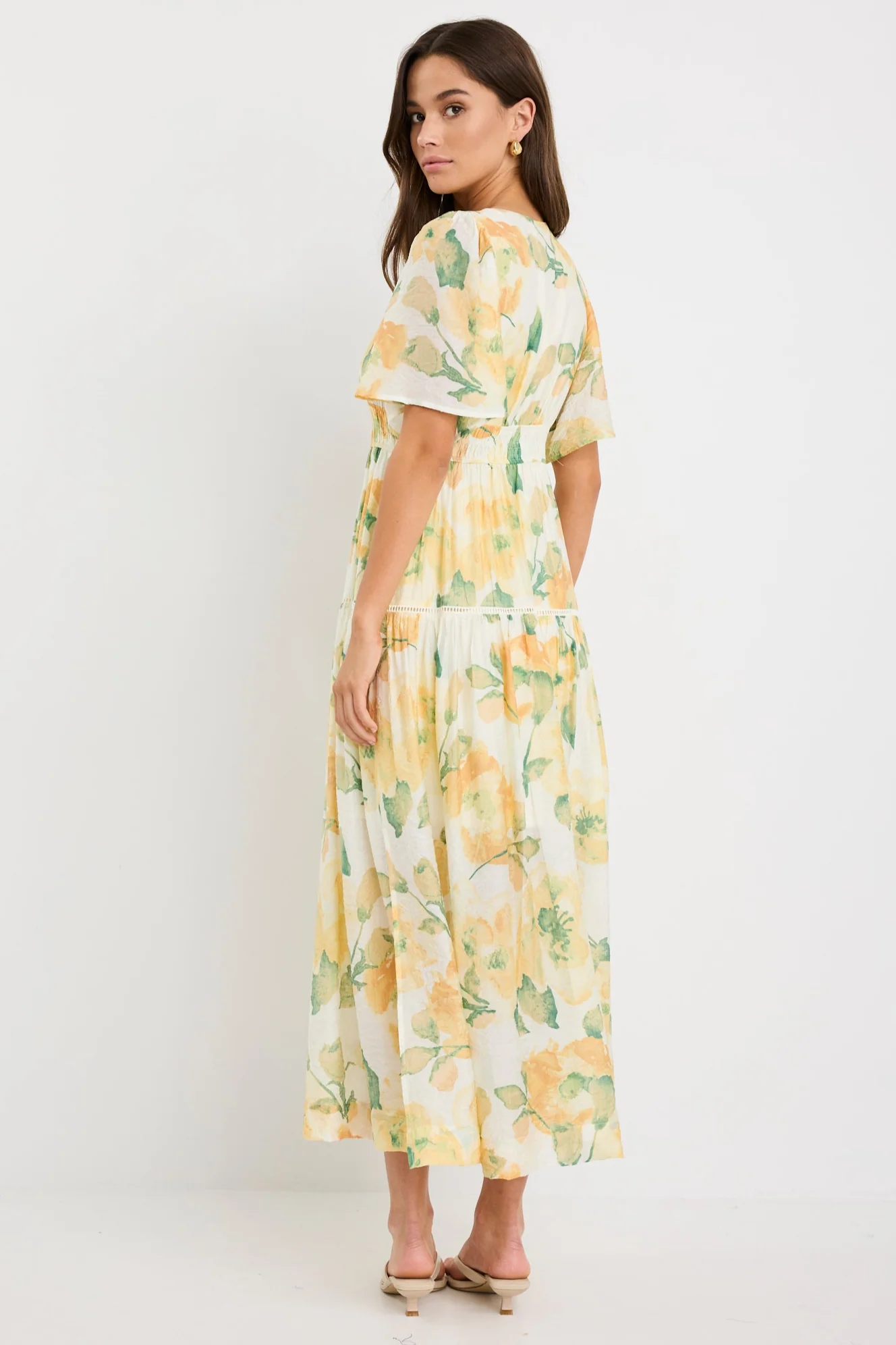 Fluent Honey Floral Crinkle Fabric Flutter Sleeve Maxi Dress - Image 3