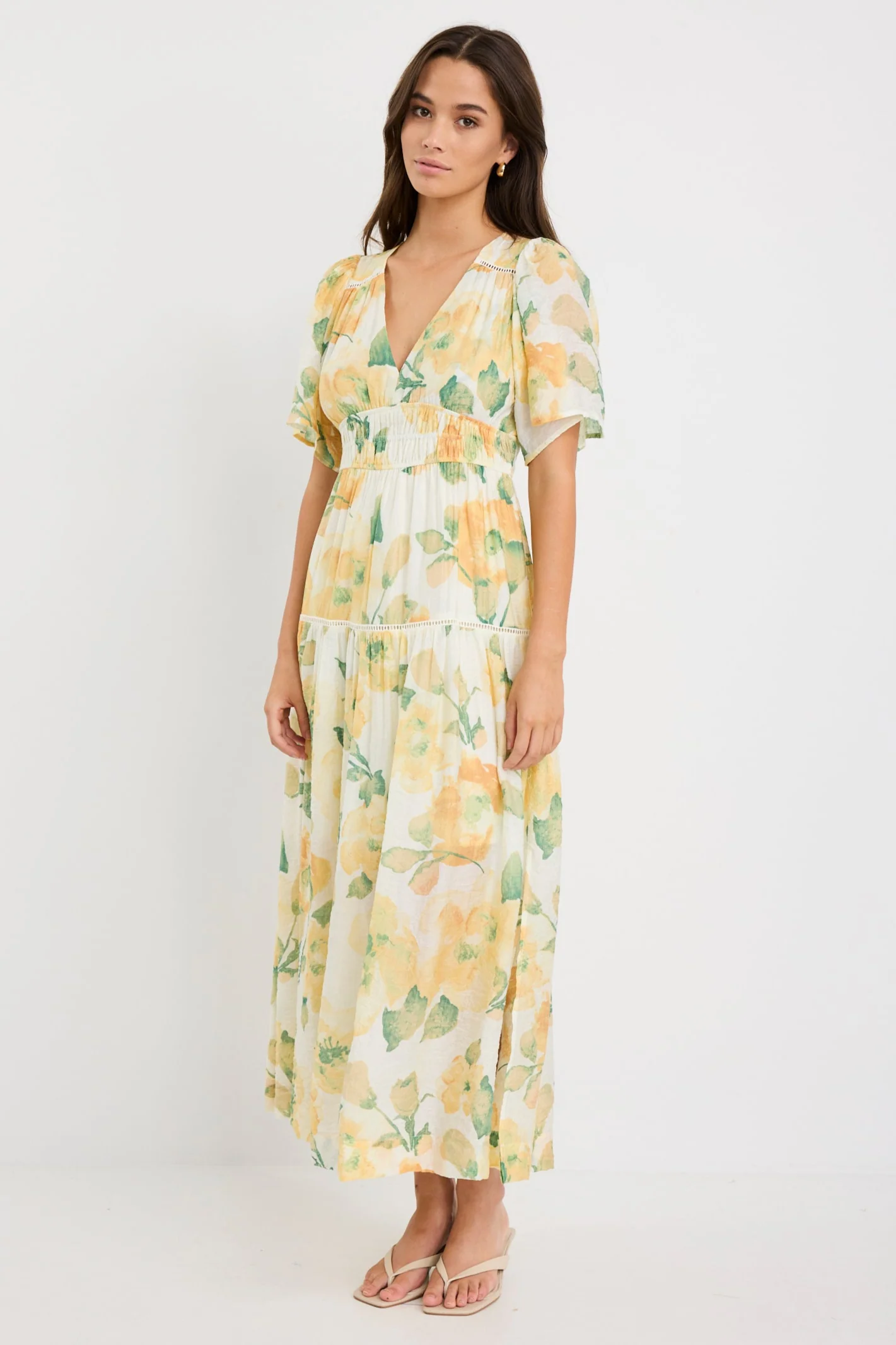 Fluent Honey Floral Crinkle Fabric Flutter Sleeve Maxi Dress - Image 4