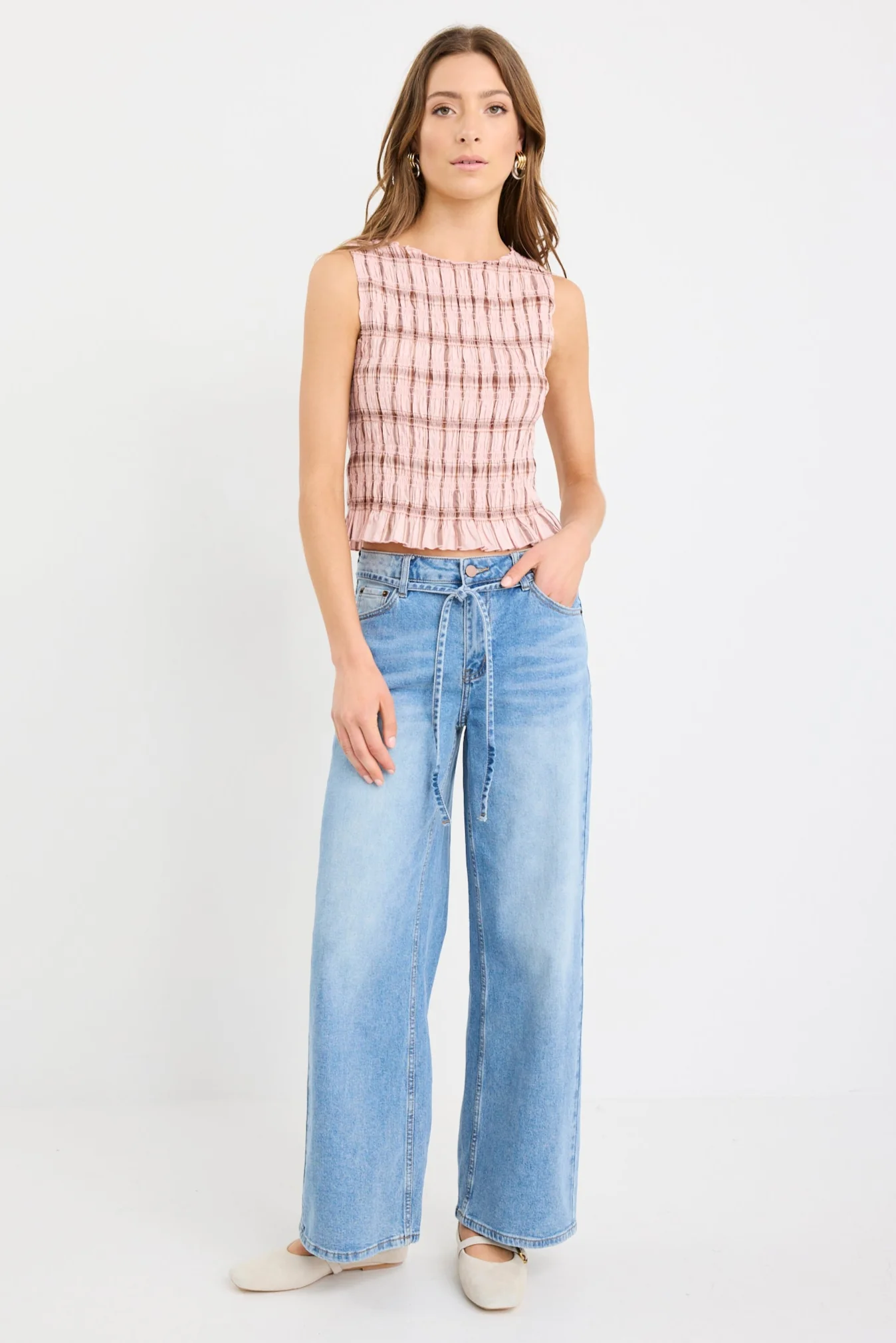 Forsaken Blush Check Shirred Sleeveless Shell Top - Image 4
