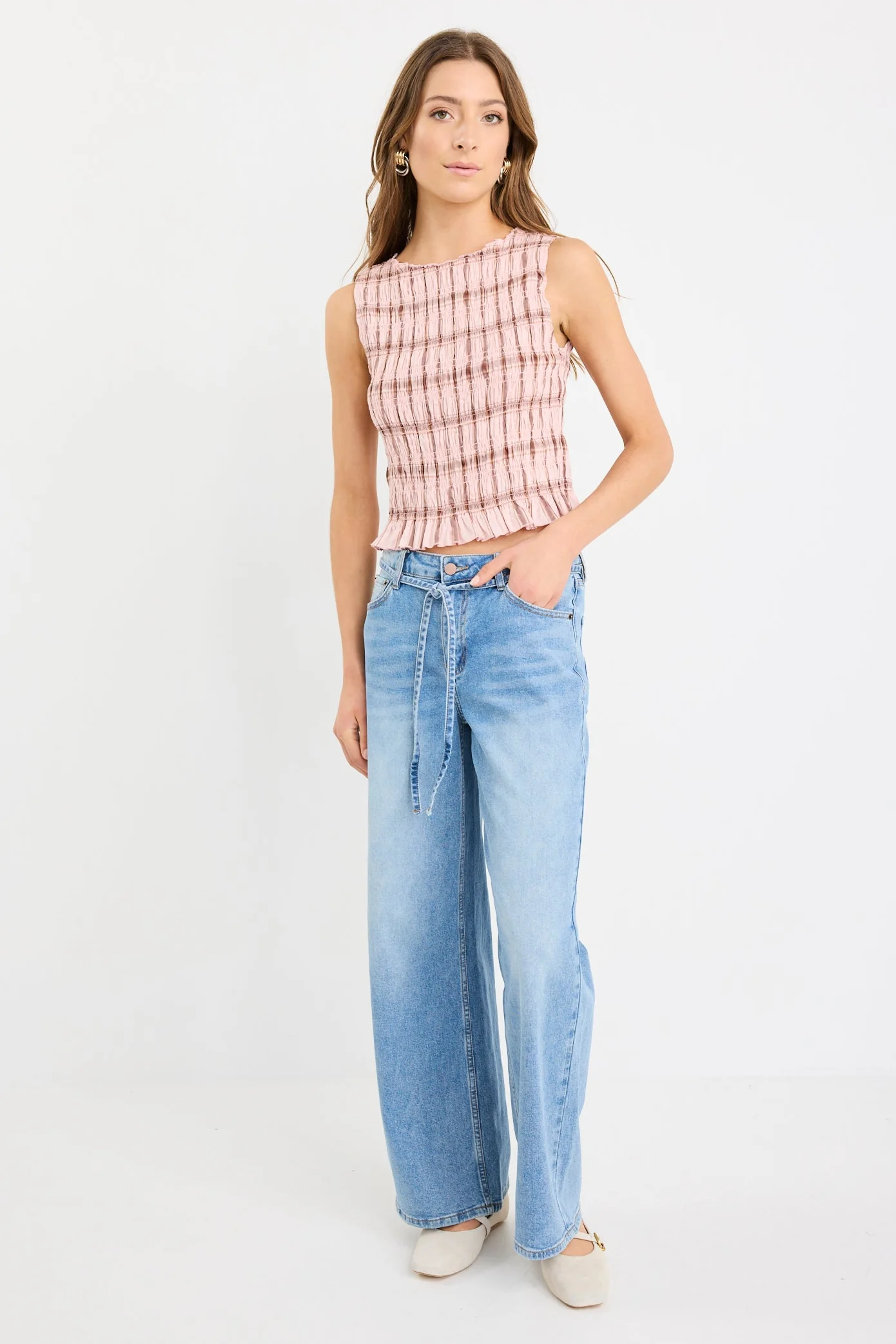 Forsaken Blush Check Shirred Sleeveless Shell Top - Image 5